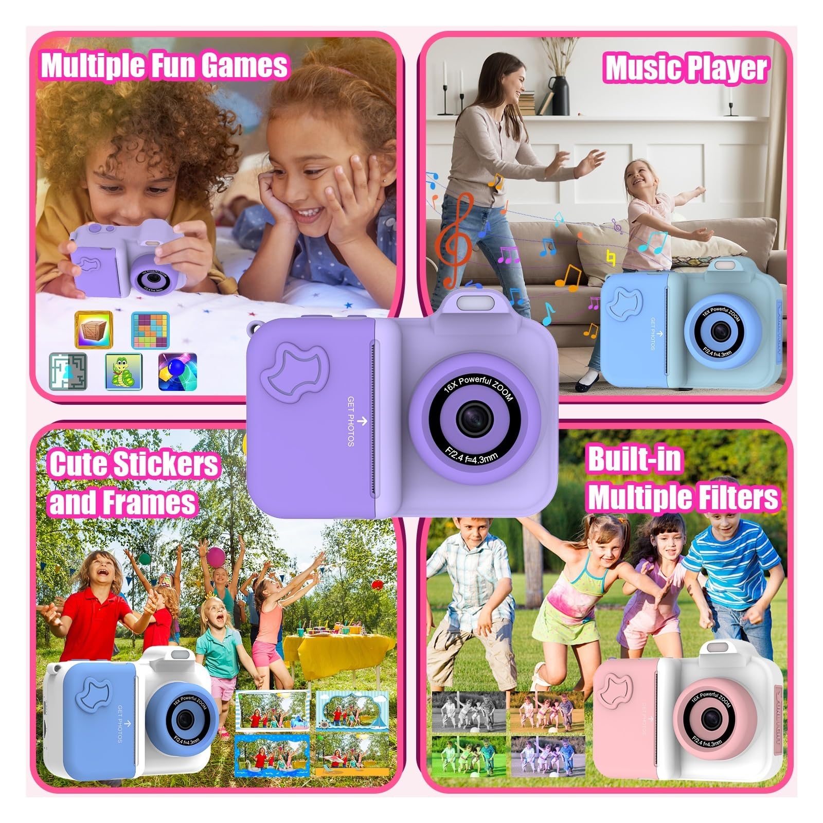 Fotocamera a stampa istantanea for bambini Mini videocamera digitale Doppia lente Stampa fotografica Carta termica Giocattoli Fotocamera Ragazzi Ragazze Regali(White Purple)