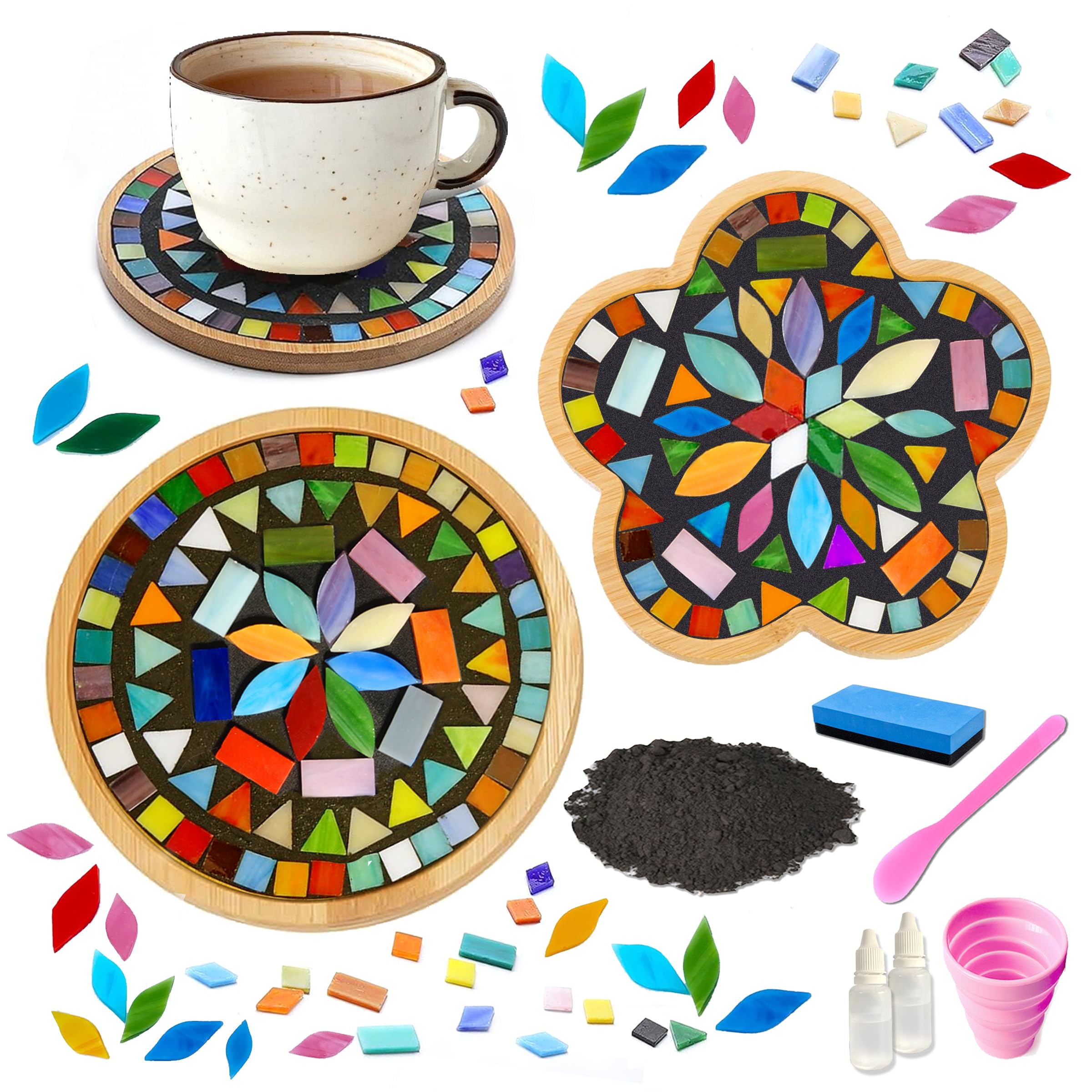 Nuyoach DIY Mosaic Craft Kit for Adults,Stained Glass Kits Mosaics Tiles for Crafts with Large Wooden Coaster Making Materials Package,Mosaic Ceramic Supplies for Women Beginners Handmade Decor Gifts
