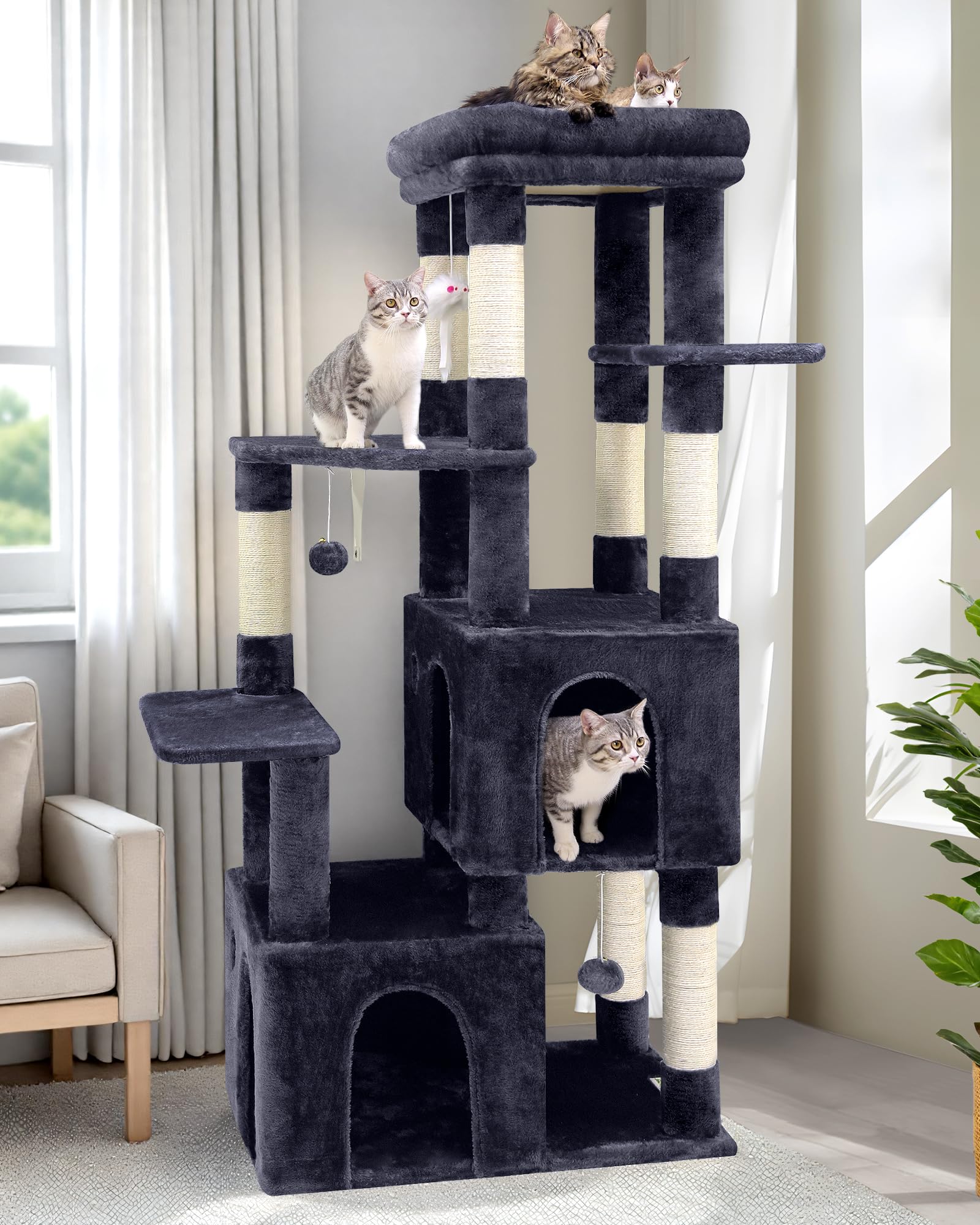 Globlazer Cat Tower for Indoor Cats, Heavy Duty Cat Trees for Large Cats Adult Big Cats Maine Coon Cat Tree Tower with Scratching Post, Extra Large Top Perch, Cat Condos, F61, Dark Grey, 61inchGlobal Recycled StandardGlobal Recycled StandardGlobal Recycled Standard