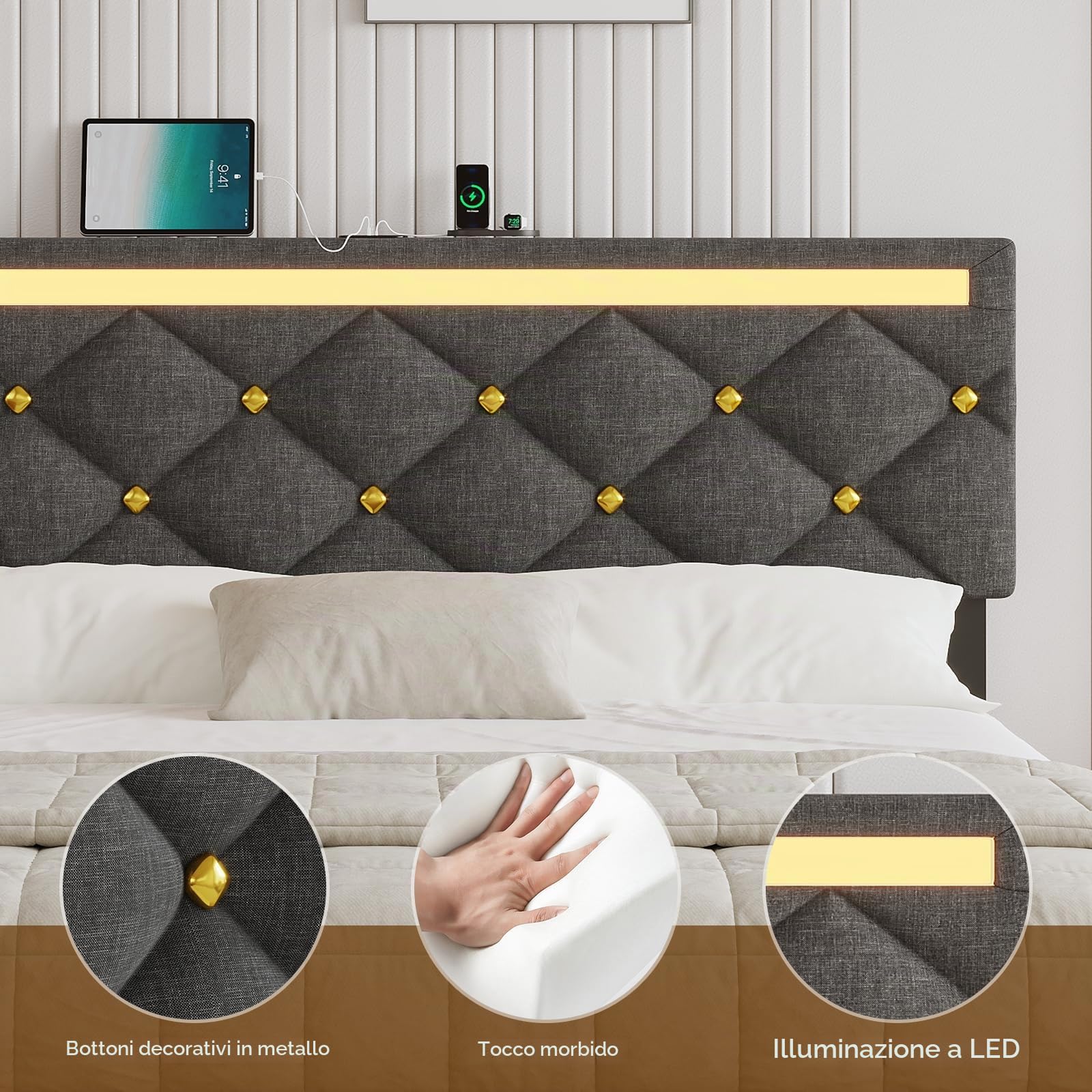 DICTAC Letto 160 x 200 cm, con illuminazione a LED e stazione di ricarica USB, moderno letto matrimoniale 160 x 200 cm, con rete a doghe e testiera alta, struttura del letto in grigio scuro e tessuto