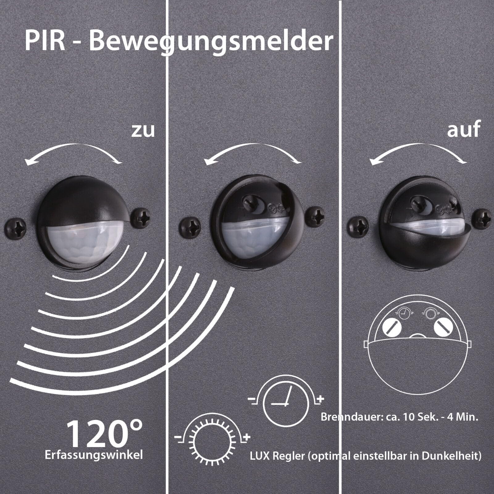 Maxkomfort Elegante Aussenwandleuchte mit Bewegungsmelder- Aussenlampe aus Edelstahl in Schwarz, IP44, E27 Fassung, 185 x 130 x 260 mm, 2228A1
