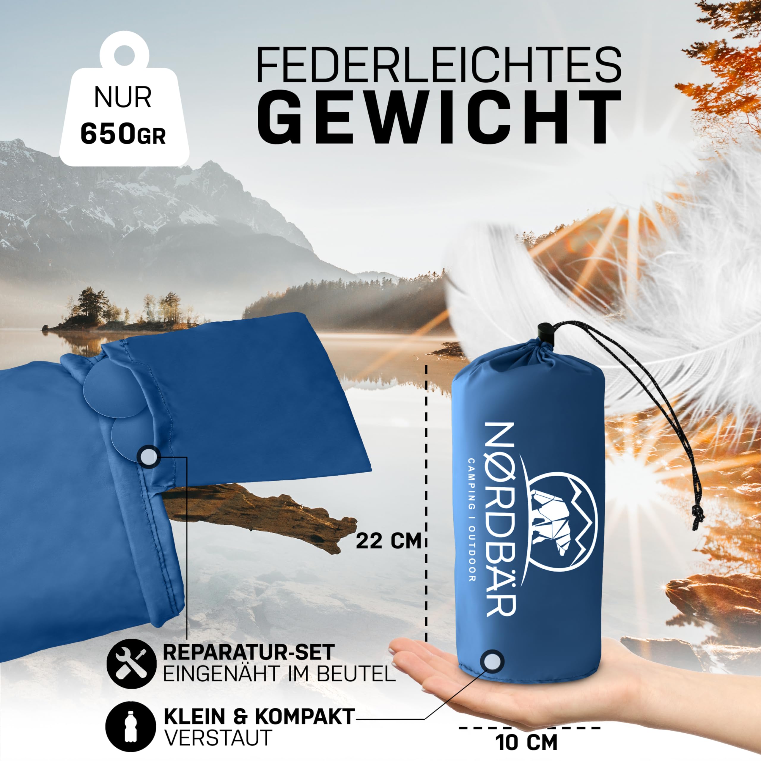 NORDBÄR® Camping Isomatte aufblasbar & Ultraleicht [mit oder ohne Kissen]| Iso Luftmatratze kleines Packmaß für Camping, Outdoor & Zelten | Campingmatte, Schlafmatratze, Reisematratze