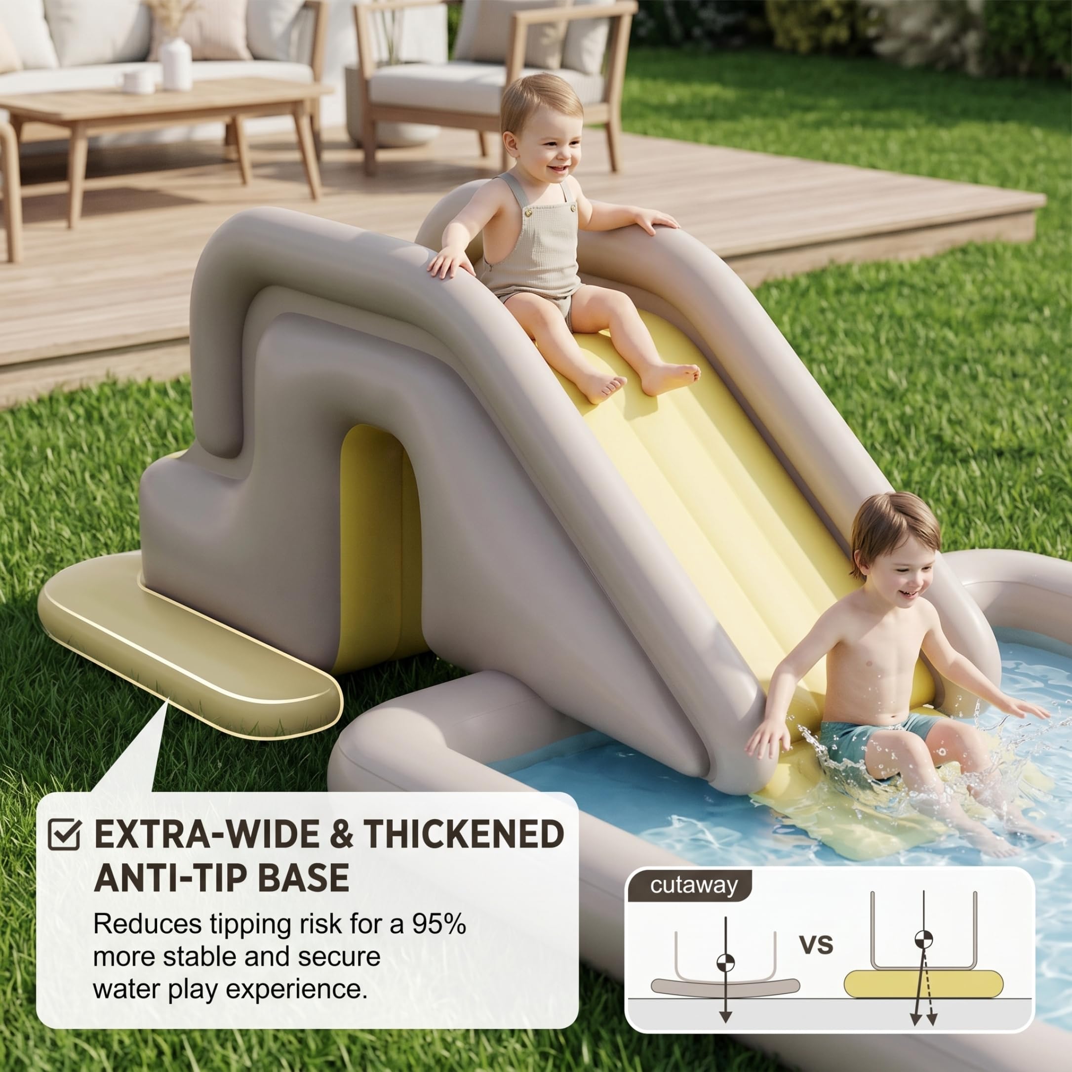 Toboggan de Piscine Gonflable, Toboggan de Piscine avec Large Base remplissable d'eau – Installation et Rangement faciles en PVC intérieur/extérieur pour Enfants et Adultes (Kaki, avec Pompe à Pied