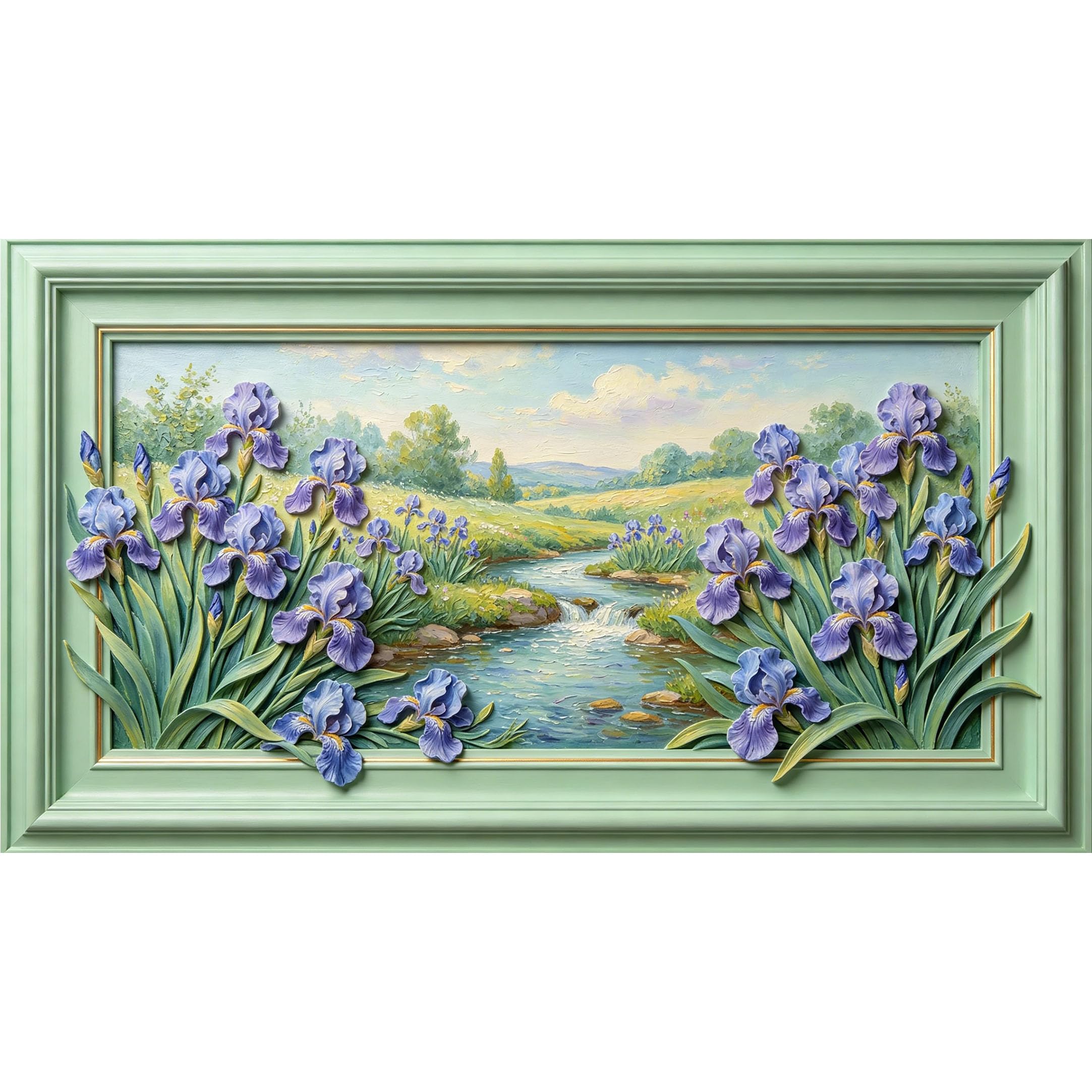 QZLITHOTIC 50x90cm3D Framed Wall Art， Purple Iris Flower Stream Landscape SelfAdhesive Mural， WaterActivated Peel & Stick Fabric Decor Wall Decal for Bedroom Living Room