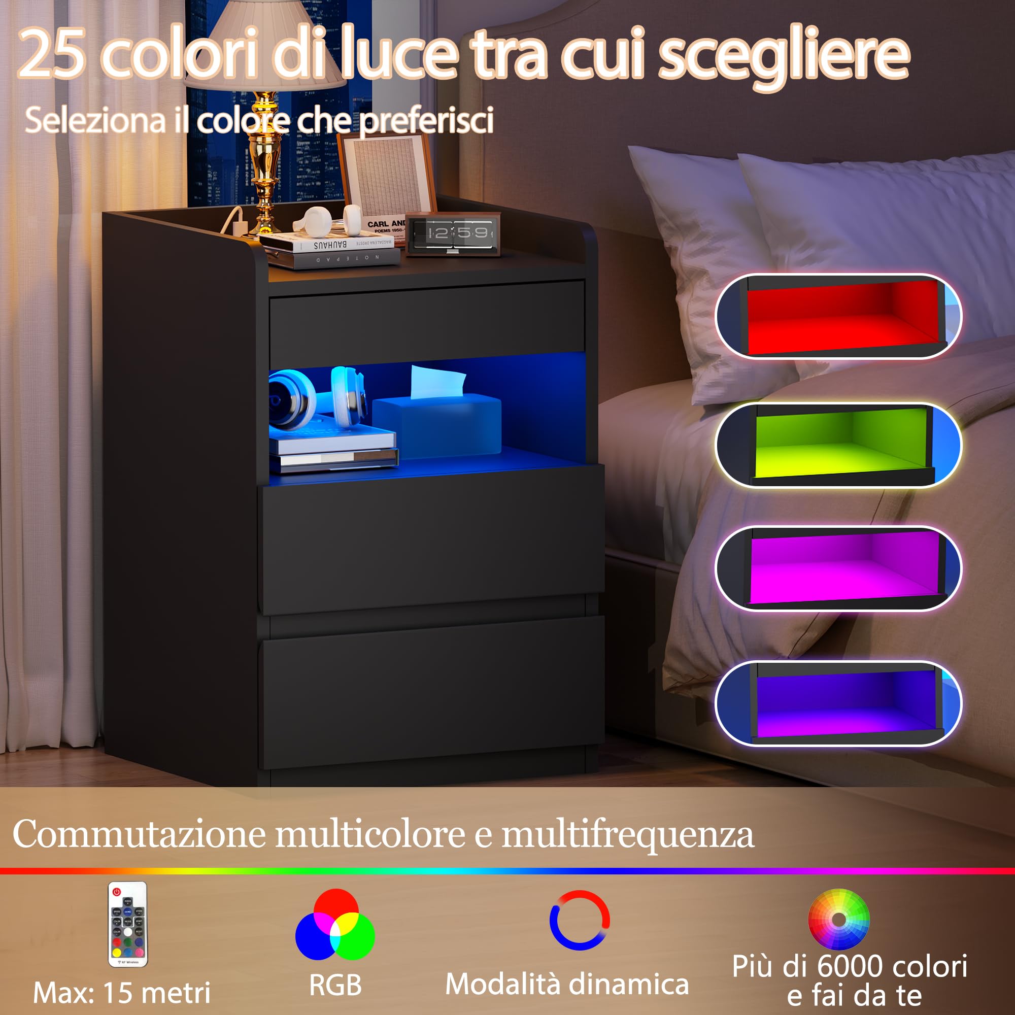 BEWISHOME Set di 2 Comodino,con Scomparto Nascosto(2 Cassetti),Comodino con presa,Semplice e Versatile,con Funzione di Ricarica,per Soggiorno,Camera da letto (Nero) EFCG02B