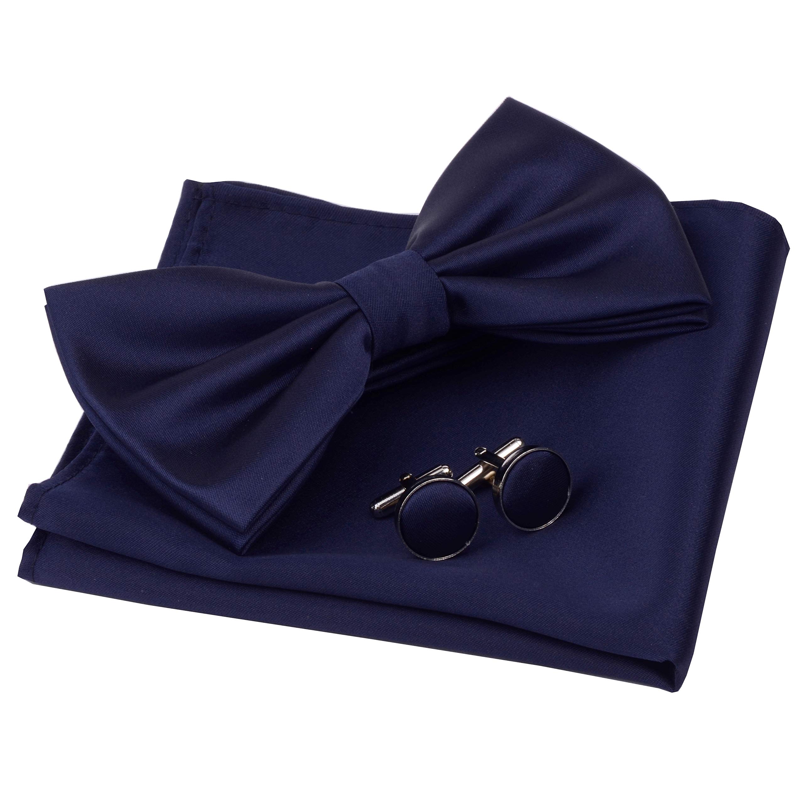 Mens Solid Color Double Fold Pre-tied Bow Tie and Pocket Square Cufflink Set with Gift Box