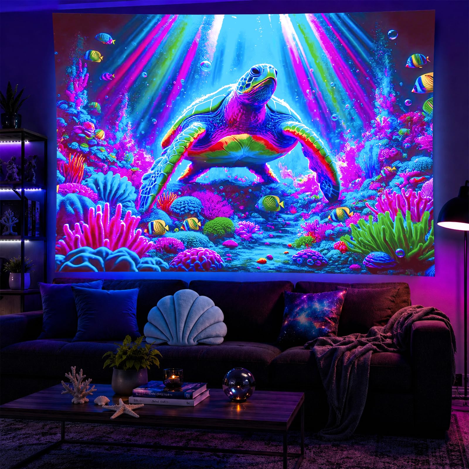 BlissYard Blacklight Tapestry Sea Turtle Neon Wall Art 78 x 59 Inch