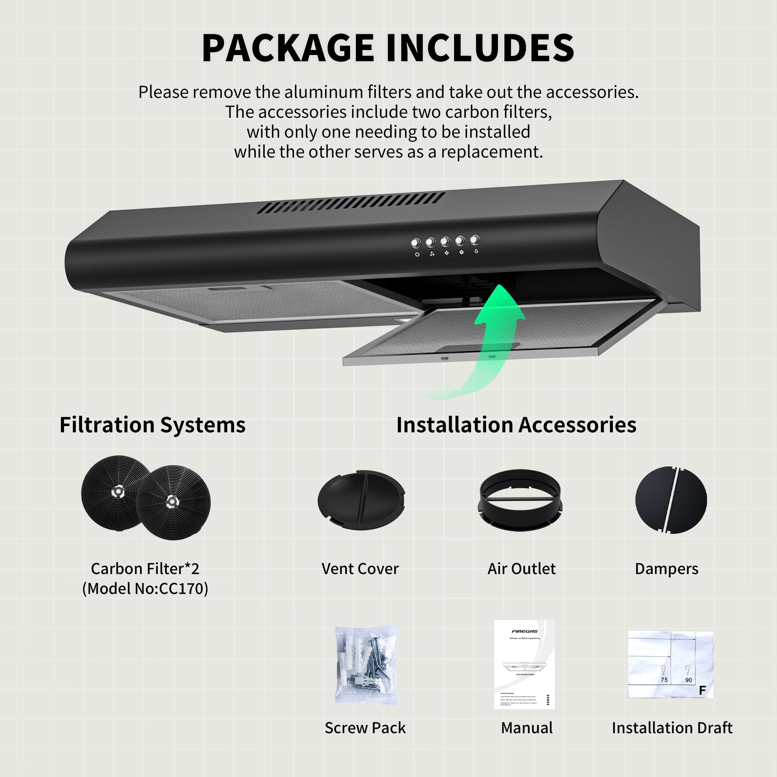 FIREGAS 60cm Black Cooker Hood, 250m³/h Kitchen Extractor with Push Button Control, 3 Speeds, Quiet Brushless Motor, A+ Energy Rating, LED Light, Ducted or Recirculation — view 9