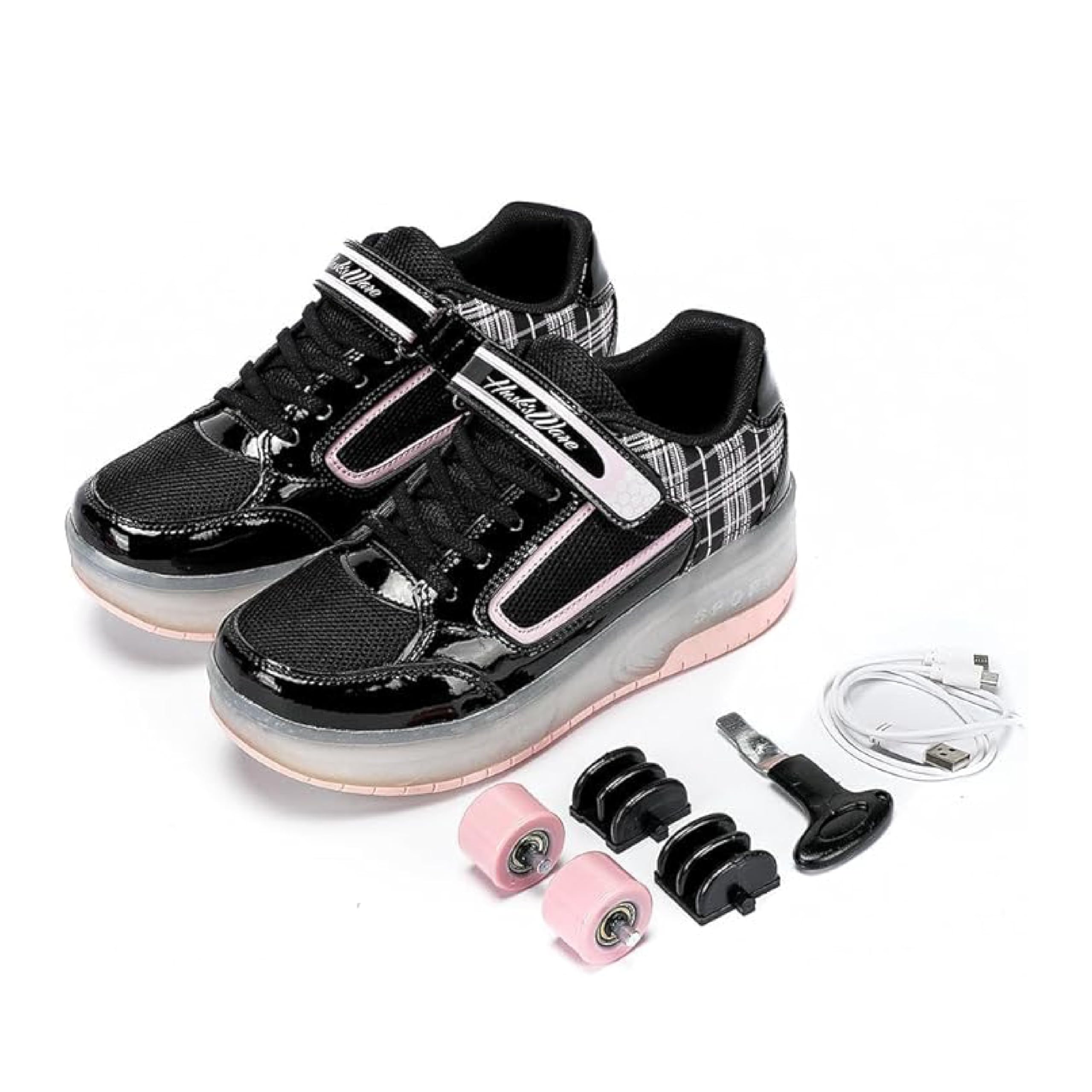 HUSKSWARE Kinder Rollschuhe mit LED Blinkrädern & USB-Aufladung, abnehmbare Rollen, Turnschuhe für Mädchen und Jungen