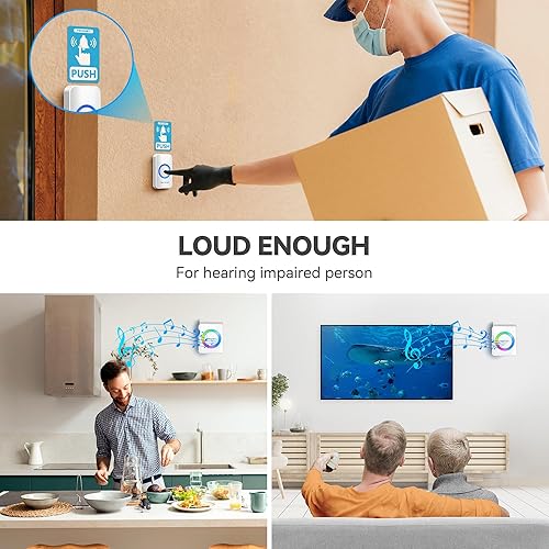 Miniatura 6 de TECKNET Timbres inalámbricos para el hogar, timbre de puerta impermeable IP65 con rango de 1300 pies, kits de timbres de aula de 0 a 120 dB con 60