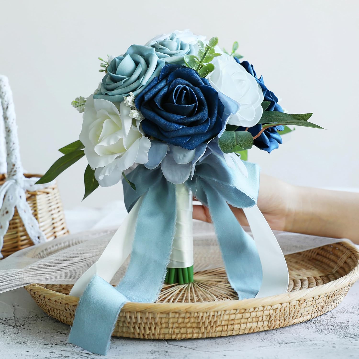 ponatia Dusty Blue Wedding Bouquets for Bride Bridesmaid, White Wedding Artificial Roses Flowers for Wedding Bouquets Ceremony, Anniversary (Dusty Blue & White)