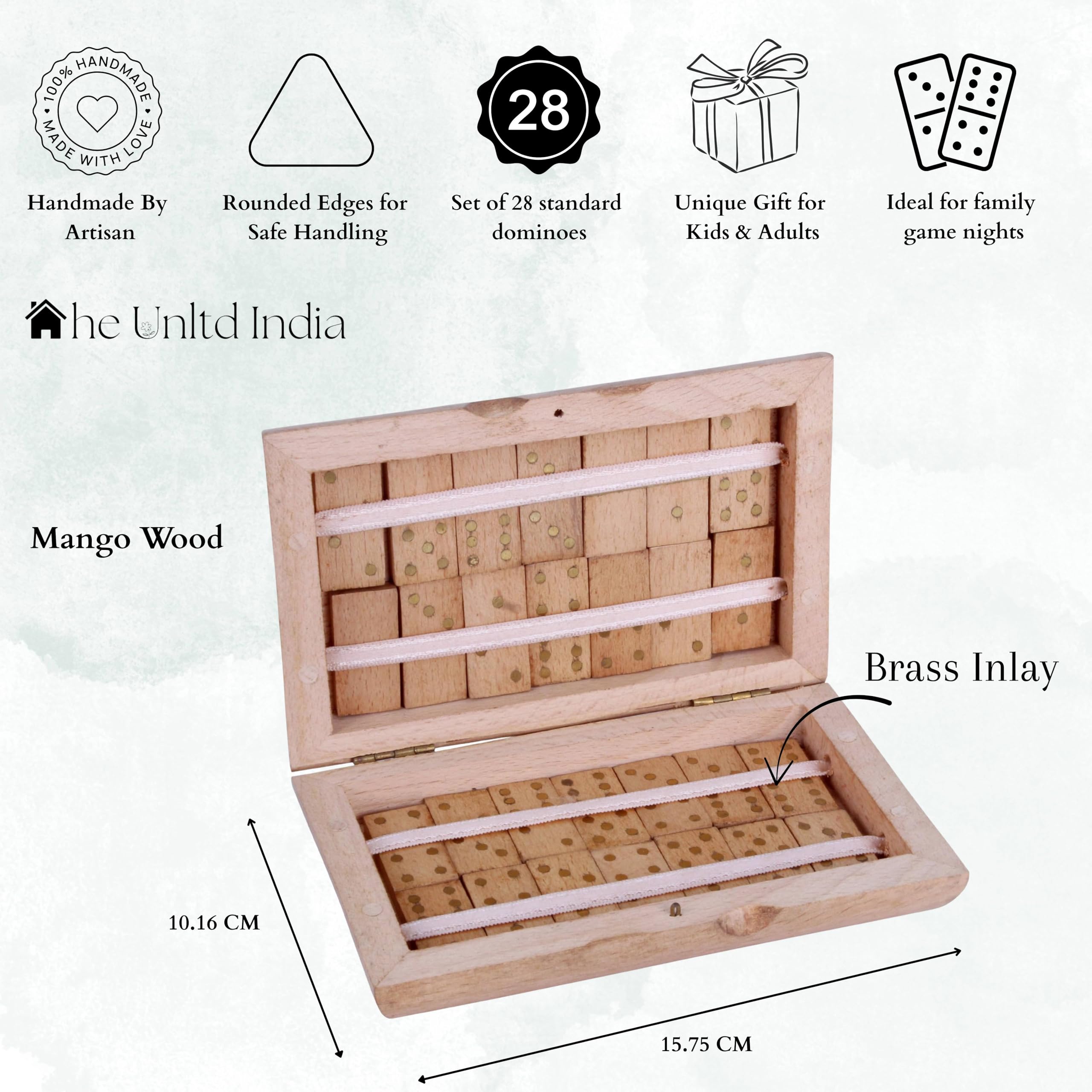 THE Unltd India Dominoes Set for Adults, Double 6 Domino Set | Traditional Travel Size Classic Board Game | 28 Dominos Pieces with Luxury Wood Box with Brass Inlay (Brown-12) - Image 3