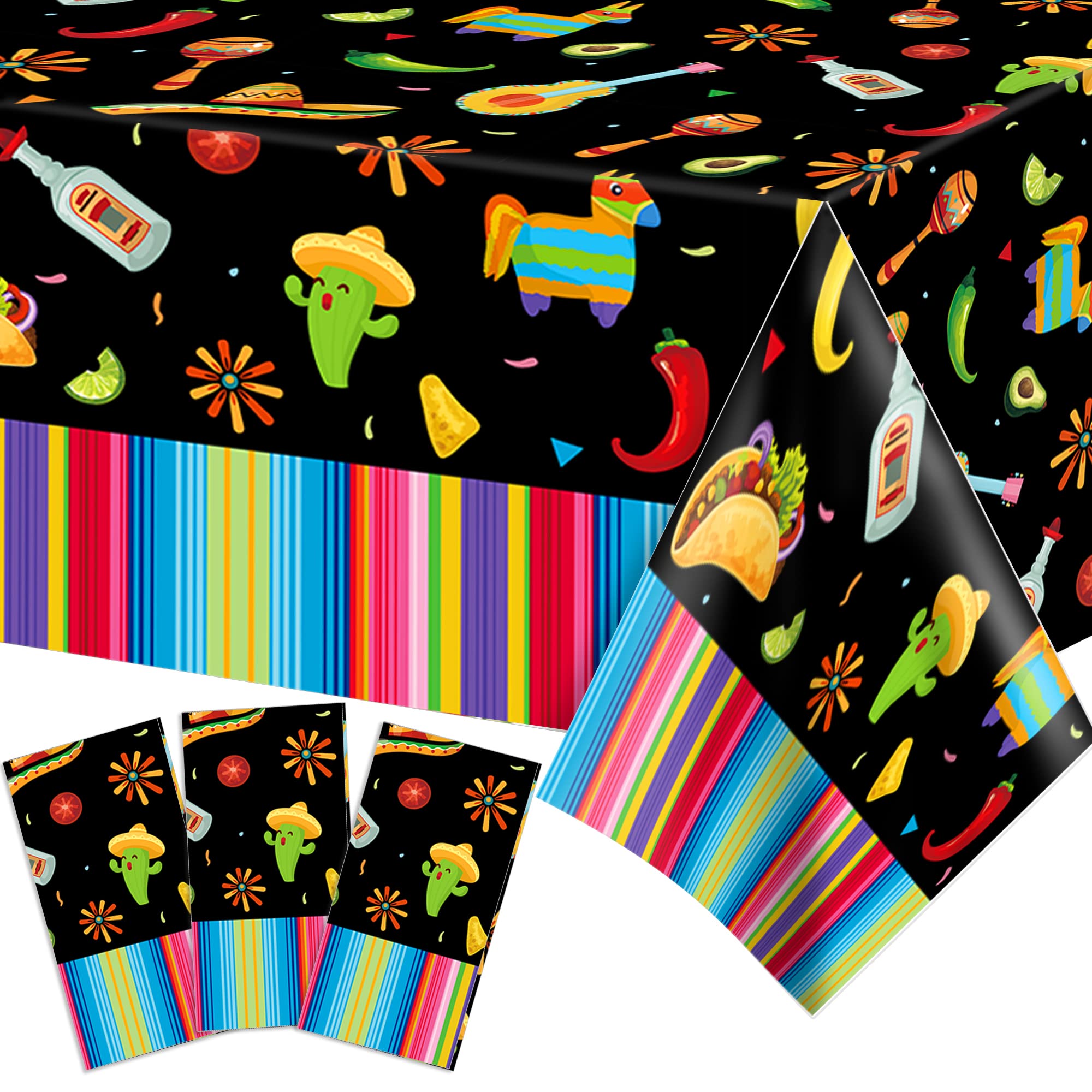 Adirasenotek 3 Pcs Fiesta Party Plastic Tablecloth 54 x 87 Inch Mexican Fiesta Long Rectangular Table Cover for Buffet, Cinco De Mayo Party Holiday