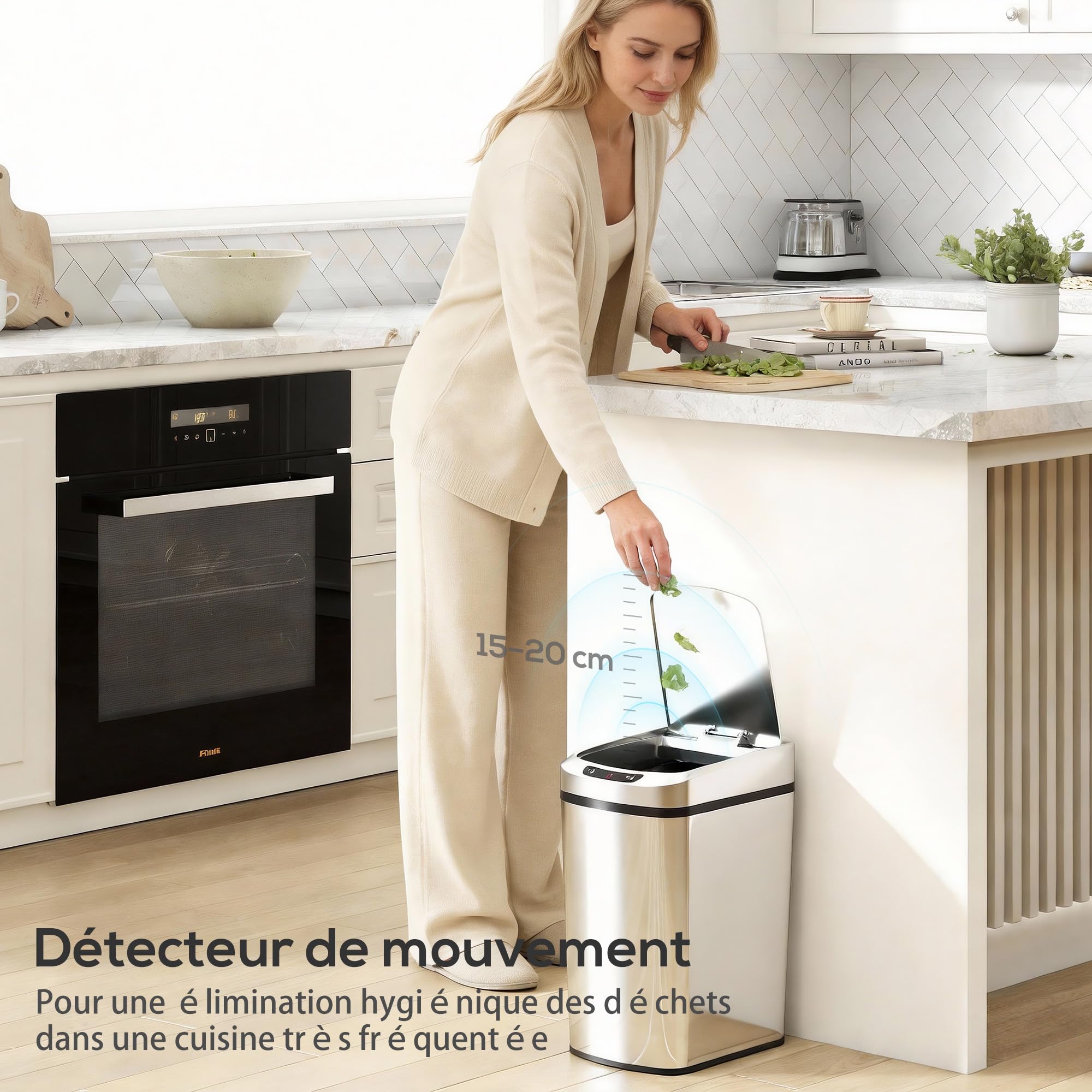 HOMCOM Pattumiera automatica da 12 l, in acciaio inox, con sensore di movimento senza contatto, con coperchio, resistente alle impronte digitali, per casa, ufficio, soggiorno, argento