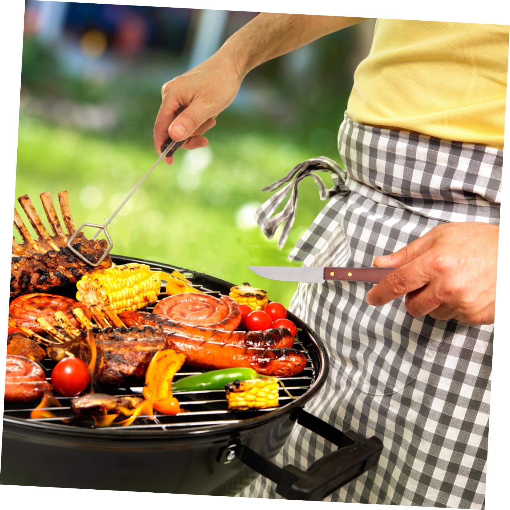 jojofuny Juego de Utensilios para Barbacoa Delantal y Bolsa de Almacenamiento, Herramientas de Acero Inoxidable y Mango de Madera para Barbacoa al Aire Libre en Fiestas