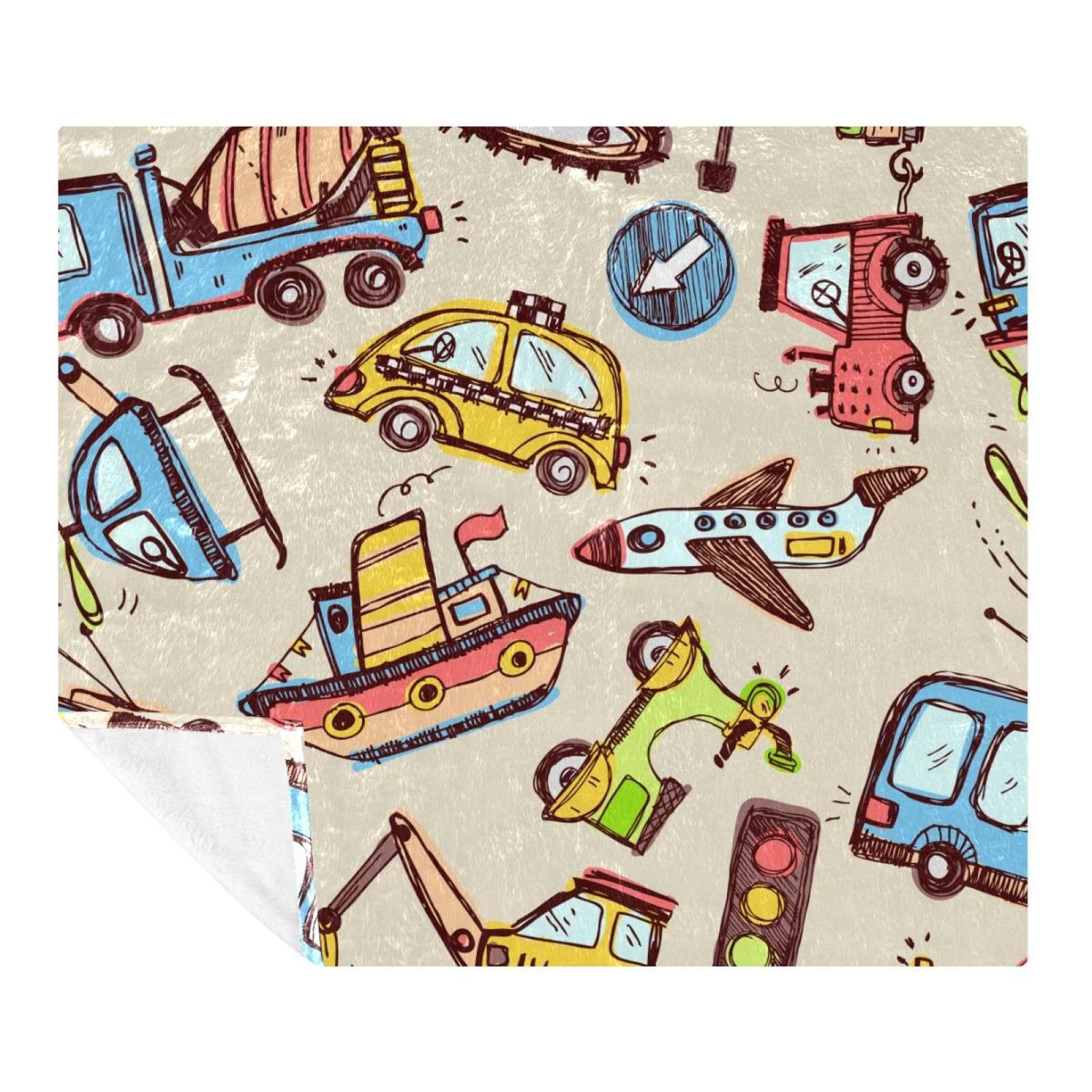 Couverture en molleton microfibre 150x200 cm à motif cartoon d'avion et bateau pour lit d'enfant