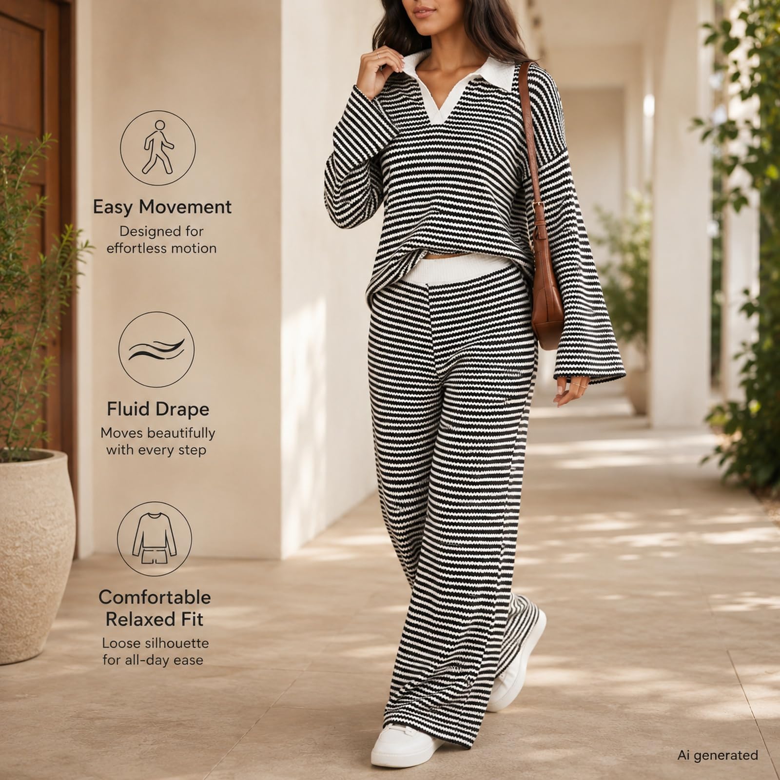 Set coordinato da donna a righe con colletto a polo a maniche lunghe e