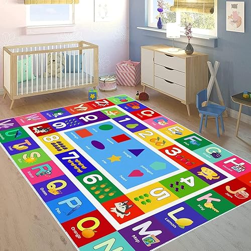 ABC Kids Play Rug - Alfombra educativa con forma del alfabeto de números para aprendizaje de frutas, alfombra grande antideslizante para habitación