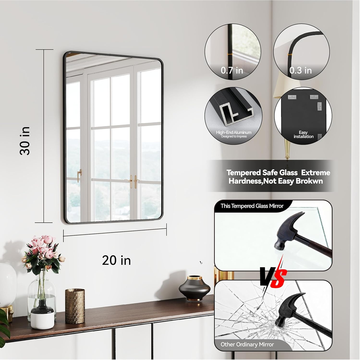 20x30 Rectangle Mirror Full Length Wall Mounted Hanging or Against Wall Metal Frame Dressing Make-up Mirrors for Entryway Bedroom Bathroom Living Room 20 30 inch Black