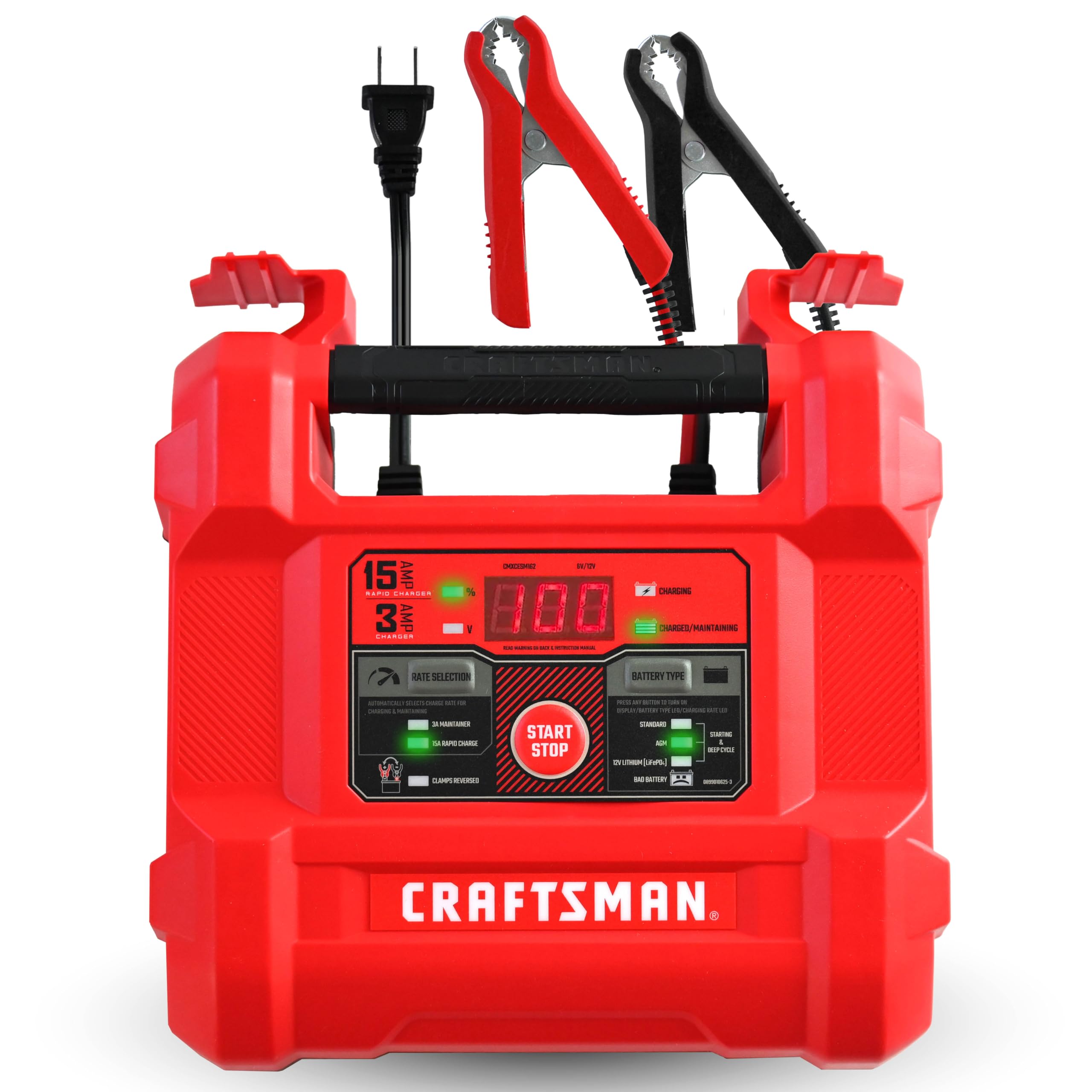 CRAFTSMAN 15A Car Battery Charger and Battery Maintainer, 4-in-1 Solution, for 6V/12V Power Sport, Automotive, and Marine Batteries, CMXCESM162
