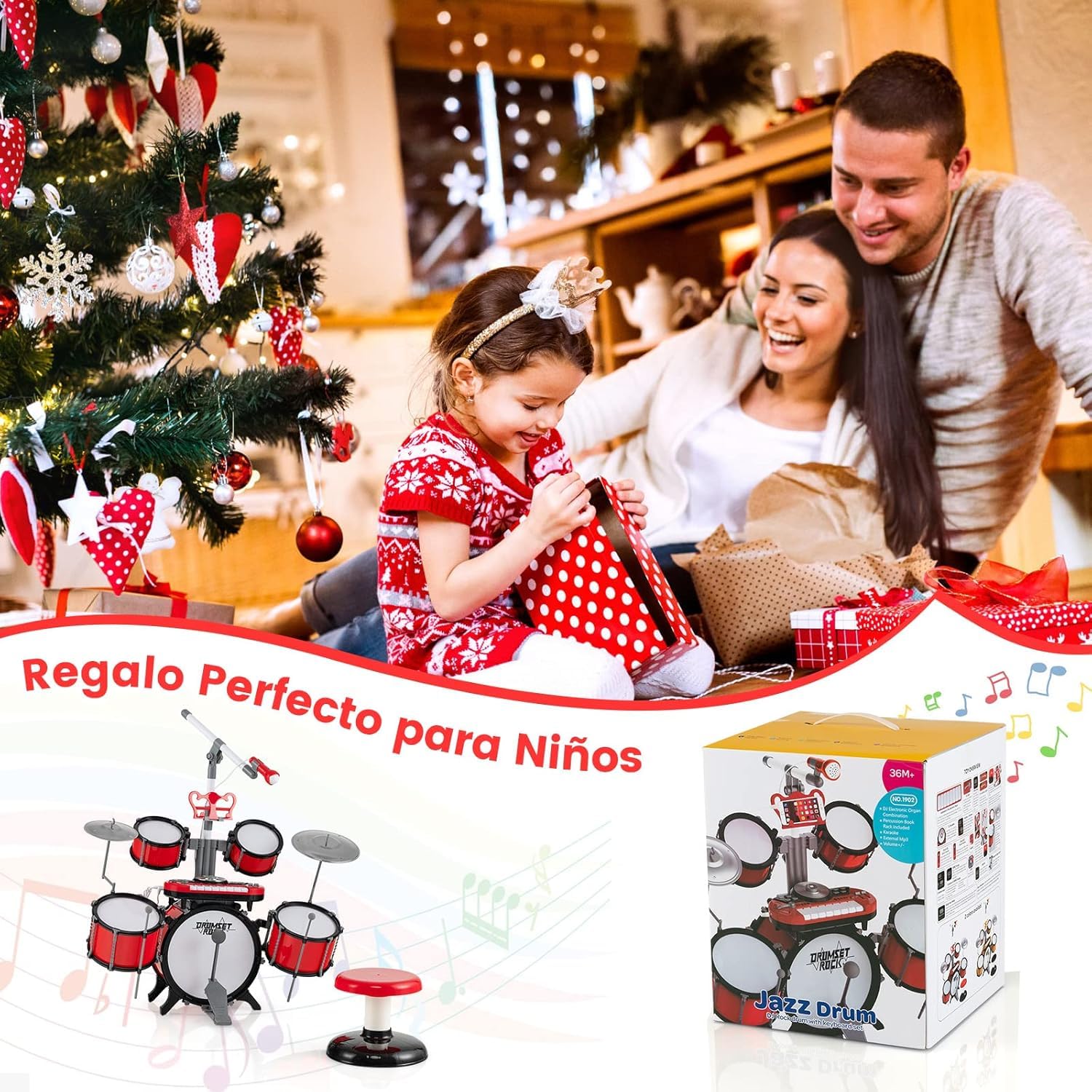 GOPLUS Juego de Batería Infantil con Taburete, Batería de Jazz Juguete Musical con Teclado de 8 Teclas, 1 Micrófono, 2 Baquetas, Conector MP3, Instrumento de Percusión para Niños 3+ Años