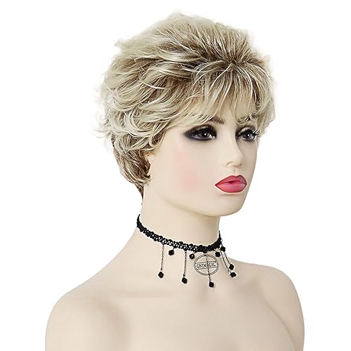 Miniatura 6 de GNIMEGIL Peluca de cabello rubio corto, rizado, peluca natural de mamá con flequillo para mujer, resistente al calor, peluca sintética para cosplay,