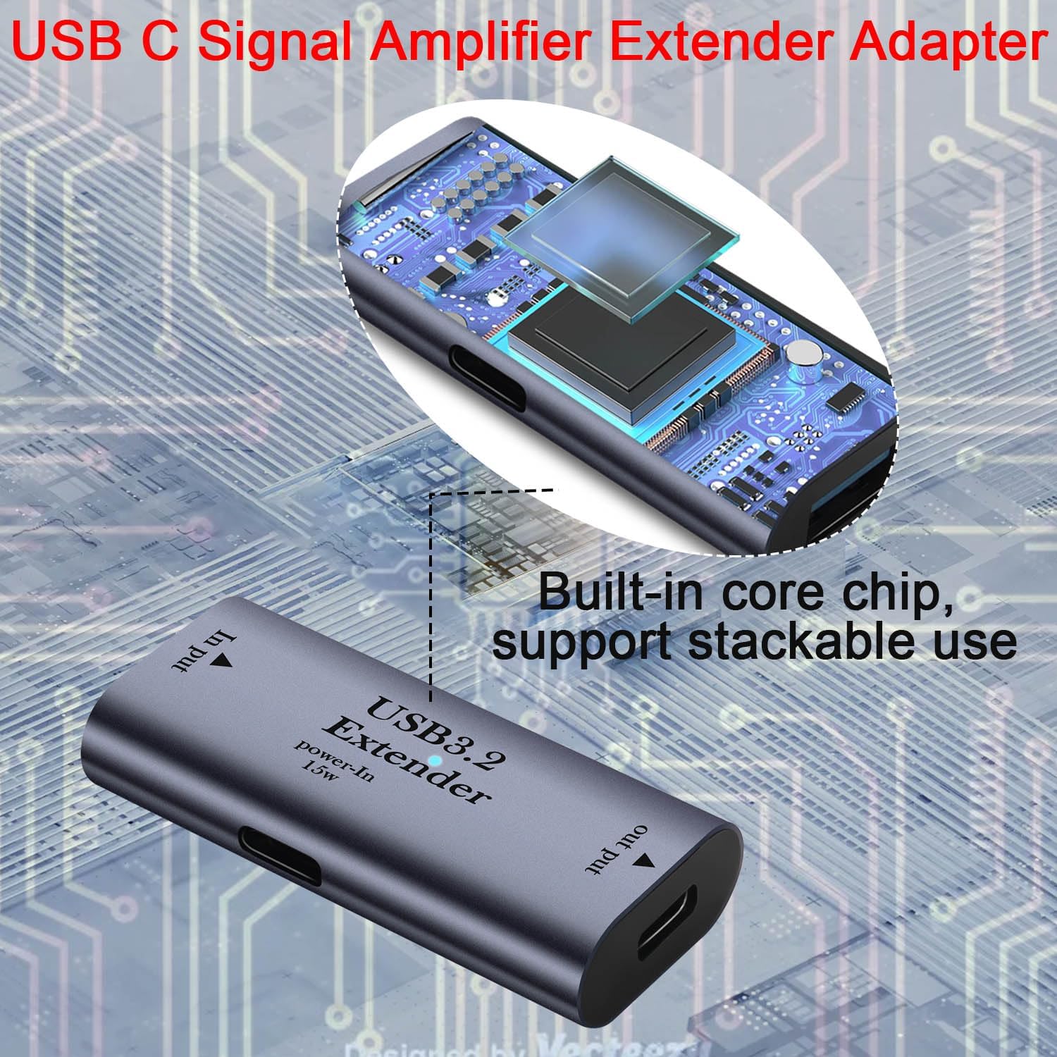 QIANRENON USB C Signal Amplifier Extender Adapter Extension 10m/32.8ft USB C 3.2 Long Distance Charging Data Connector 5Gbps 5V/3A, Built-in Chip/LED/Al Alloy Shell, with USB C 15W Power Port