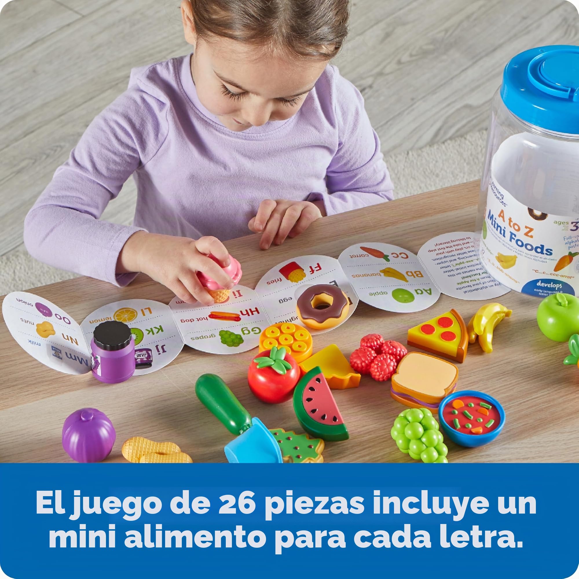 Learning Resources Alafabeto Mini Alimentos de la A à Z, Aprendizaje del Alfabeto y 26 Alimentos en Inglés, Envase Práctico de Almacenamiento, Guía Multilingüe, Juguete Educativo, Niños y Niñas 3 4 5+