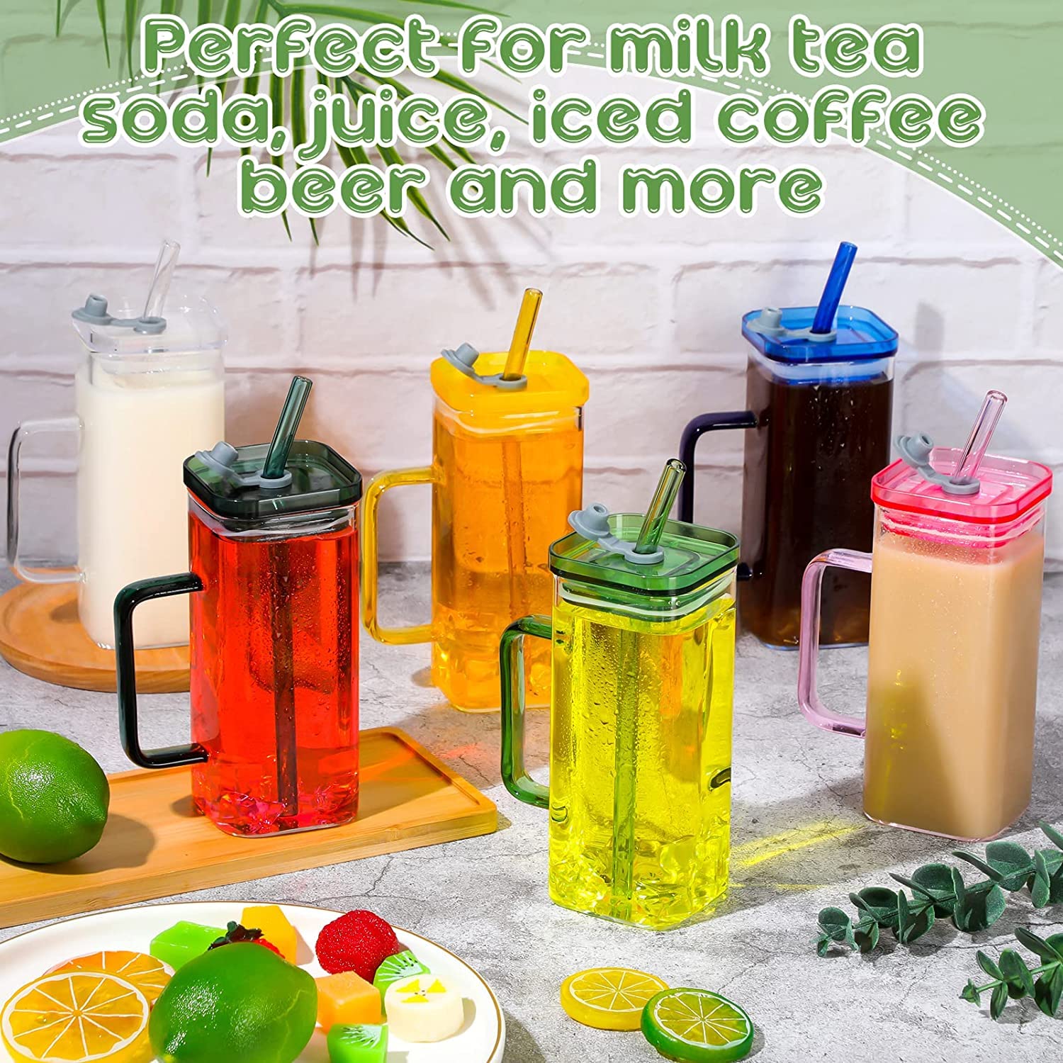 KELVEE Glass Tumbler with Silicone Straw and Lid 400ml, Square Drinking Glasses Cup with Colored Handle, Glass Coffee Mugs for Straw and Direct Drinking Mouth Dual Use, Summer Travel Bottle Pack of 1