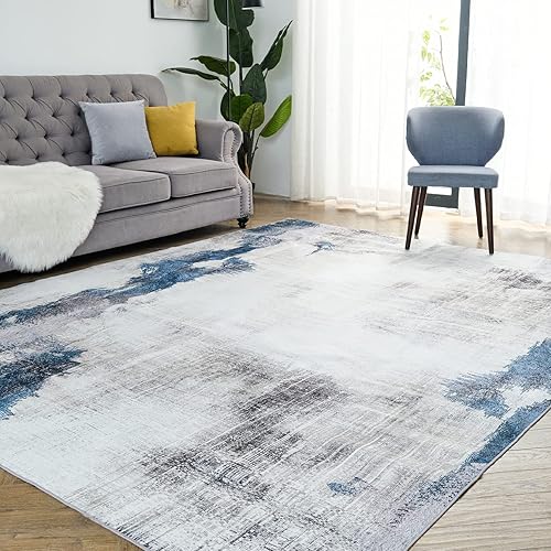 OIGAE Washable Rug 5'x 7', Abstract Modern Area Rugs with Non-Slip Backing, Non-Shedding Floor Mat Throw Carpet for Living Room Bedroom Kitchen Laundry Home Office, White/Blue