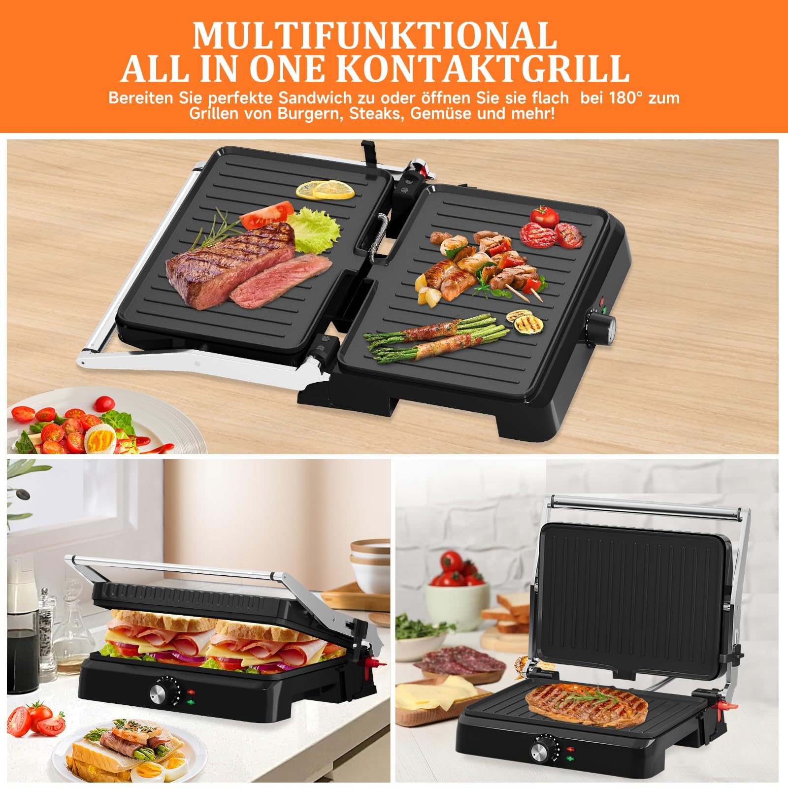 HOMELUX Griglia a contatto 2200 W, sandwich per panini, carne, con piastre antiaderenti 34 x 23 cm, raschietto per pulizia, apertura a 180°, temperatura regolabile, vassoio raccoglitore
