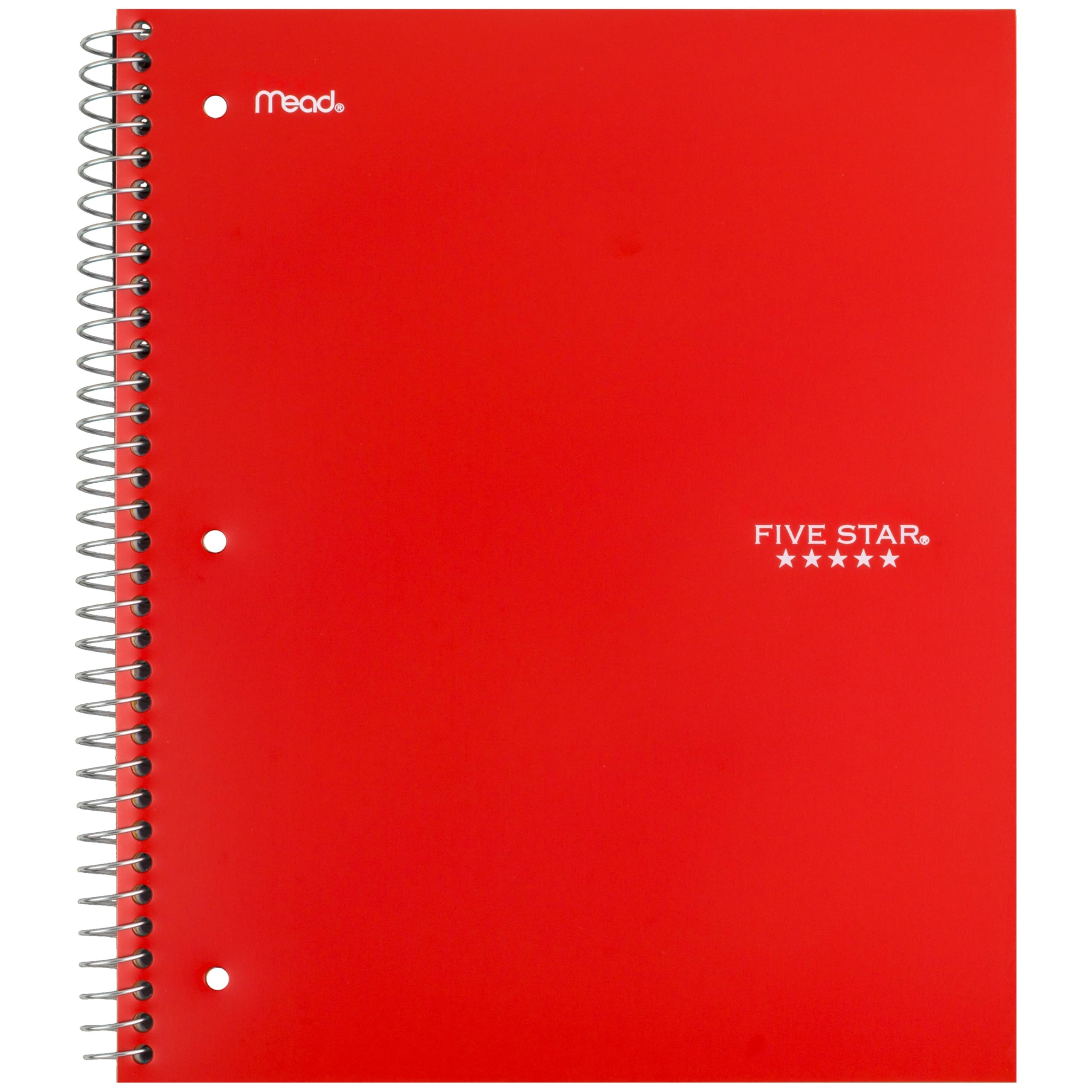 Five Star 72041, carnet à spirales, 5 sujets, papier à larges marges, résiste à la bavure d'encre, couverture résistante à l'eau, 20,3 x 26,7 cm, 200 feuilles, rouge