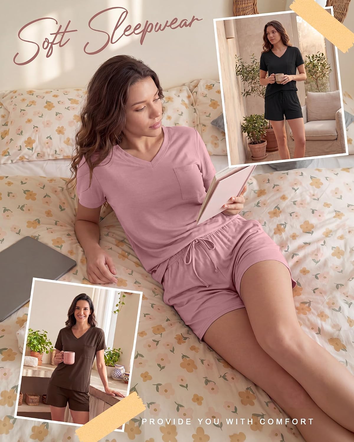 3 Pack Women 2 Piece Pajama Sets V Neck Short Sleeve Top Matching Shorts with Pockets Summer Casual Lounge Sleepwear