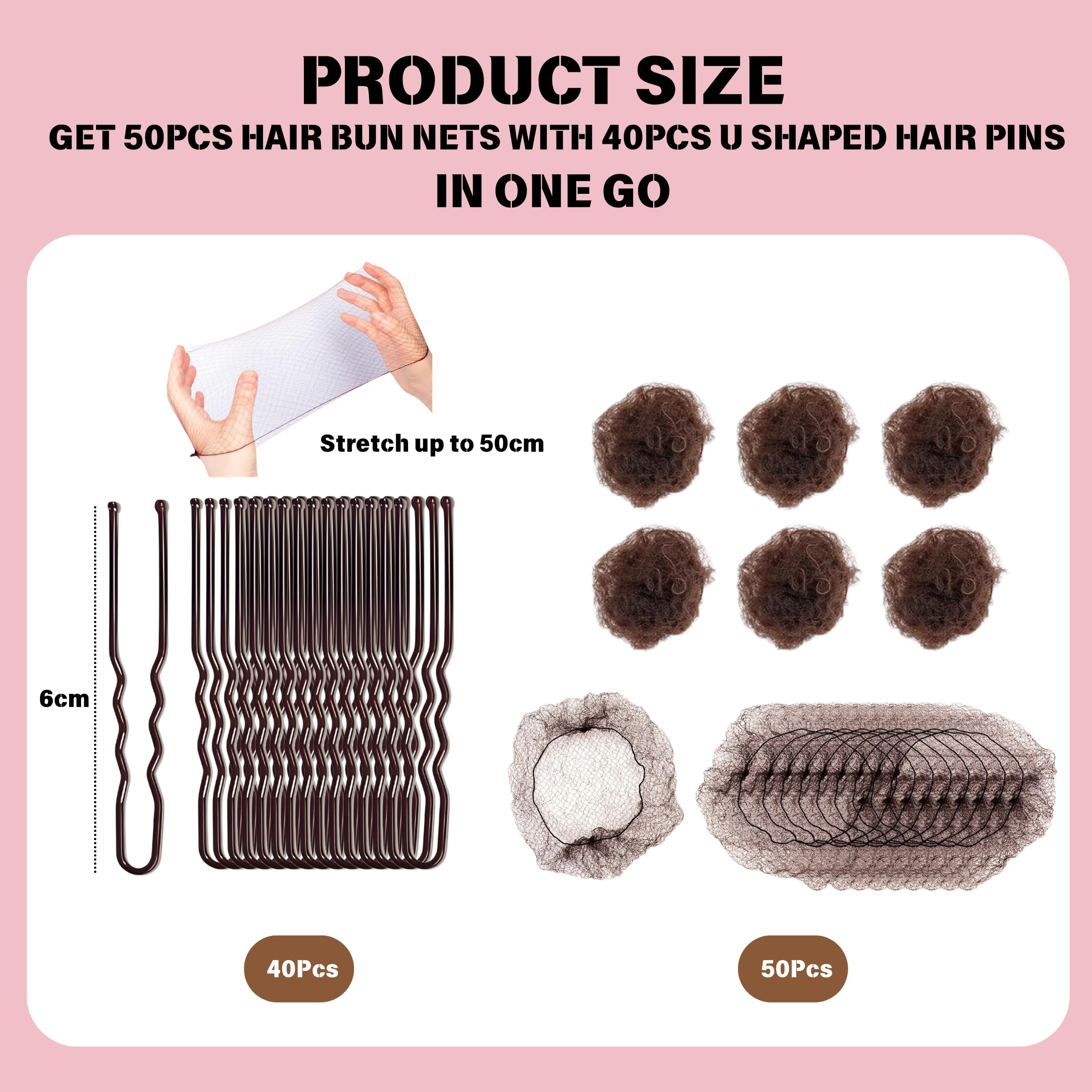 50PCS Hair Bun Nets with 40pcs U Shaped Hair Pins, Brown Invisible Bun Nets - Image 2
