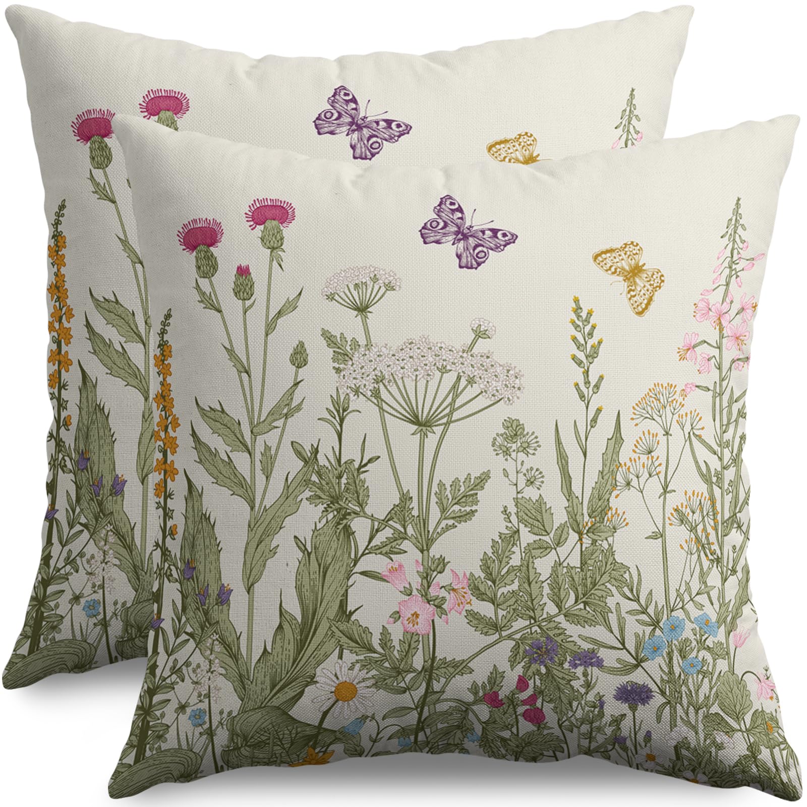 Spring Floral Pillow Covers 18x18 Set of 2 Wildflower Sage Green Flowers Butterfly Print Decorative Throw Pillow Covers Linen Square Cushion Cover Rustic Decor for Picnic Party Wedding Living Room
