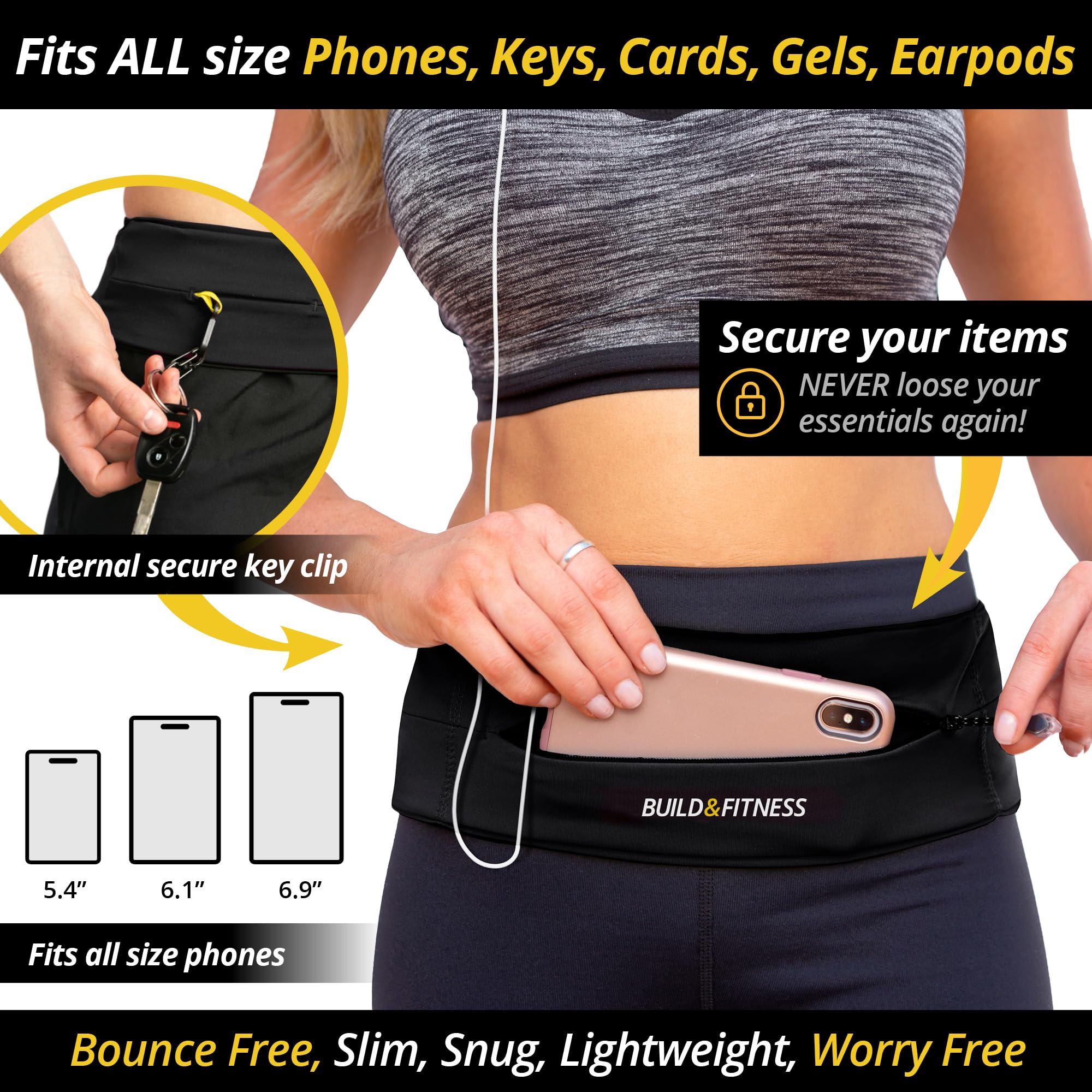 Marsupio Running Build & Fitness con Cerniera e Portachiavi Leggero Sportivo per Cellulare