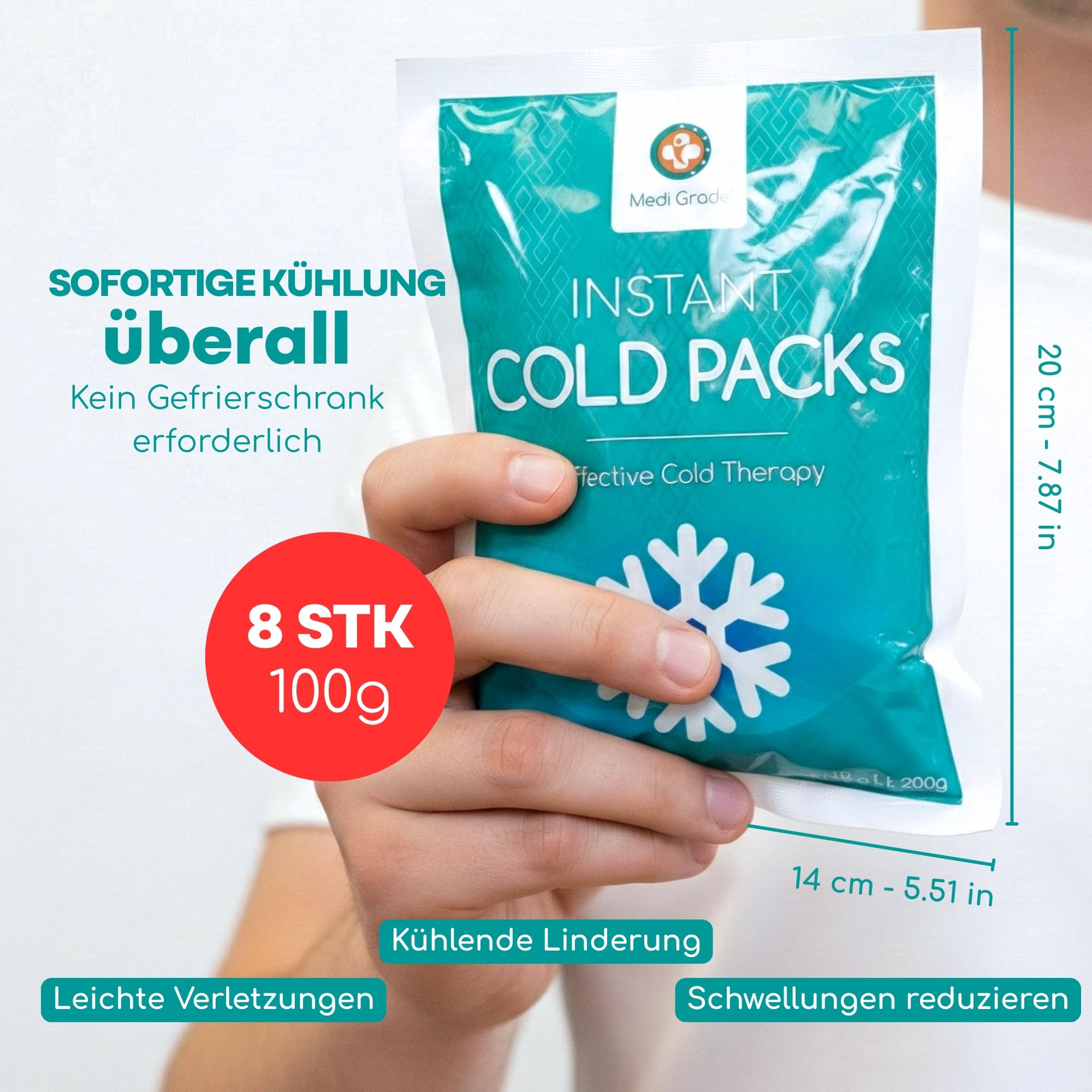 Medi Grade Kühlpacks zum Knicken, 8 St., 100 g (11,43 x 15,24 cm) - Sofort Kältekompresse, Kein Gefrierschrank Erforderlich – Einmal Kühlpacks für Verletzungen, Knöchel, Knie mit Stabilisierungsband