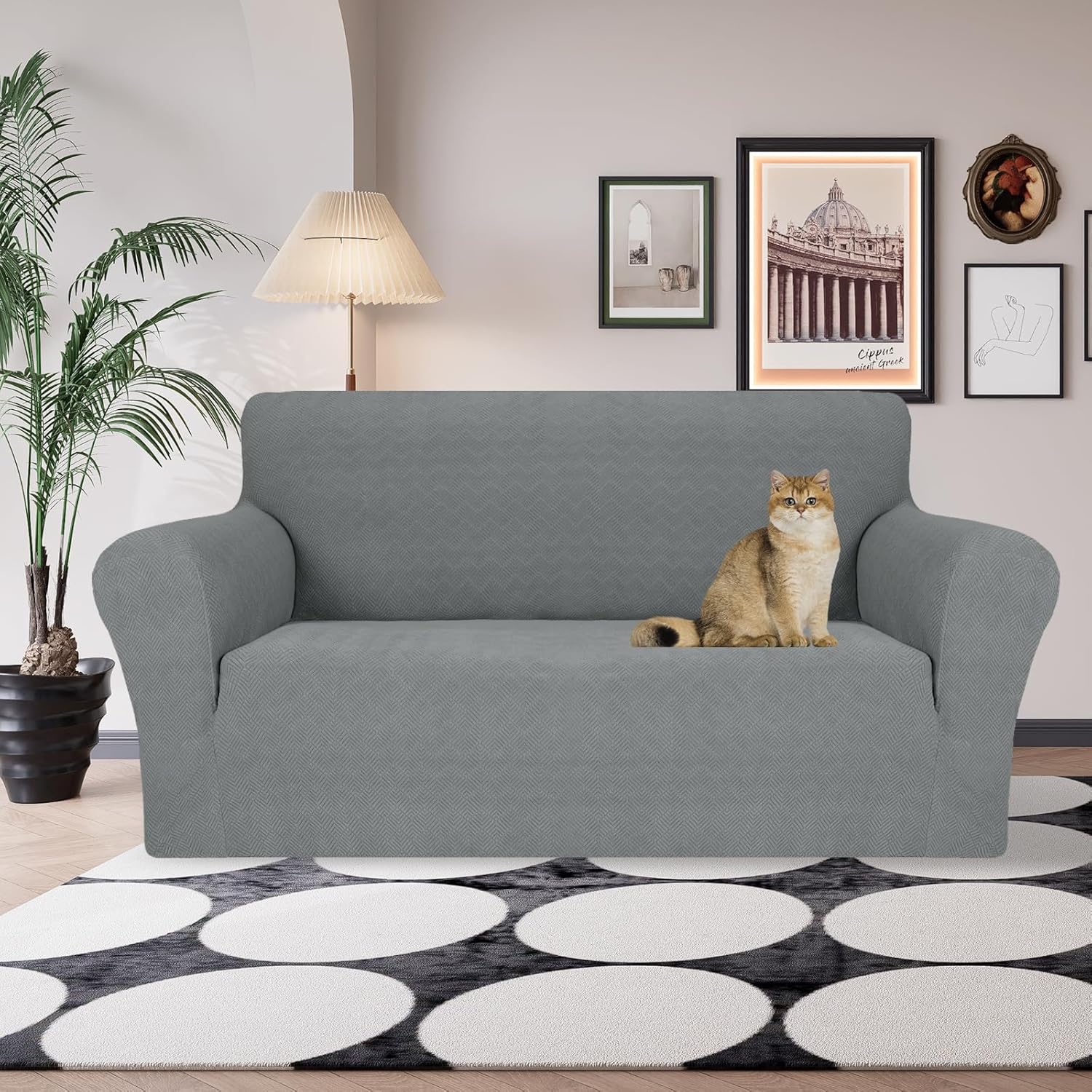 JIVINER Stretch Loveseat Slipcovers 1 Piece Love Seat Sofa Cover Spandex 2 Seater Couch Covers Universal Furniture Protector with Elastic Bottom (Medium, Light Gray Rhomb)