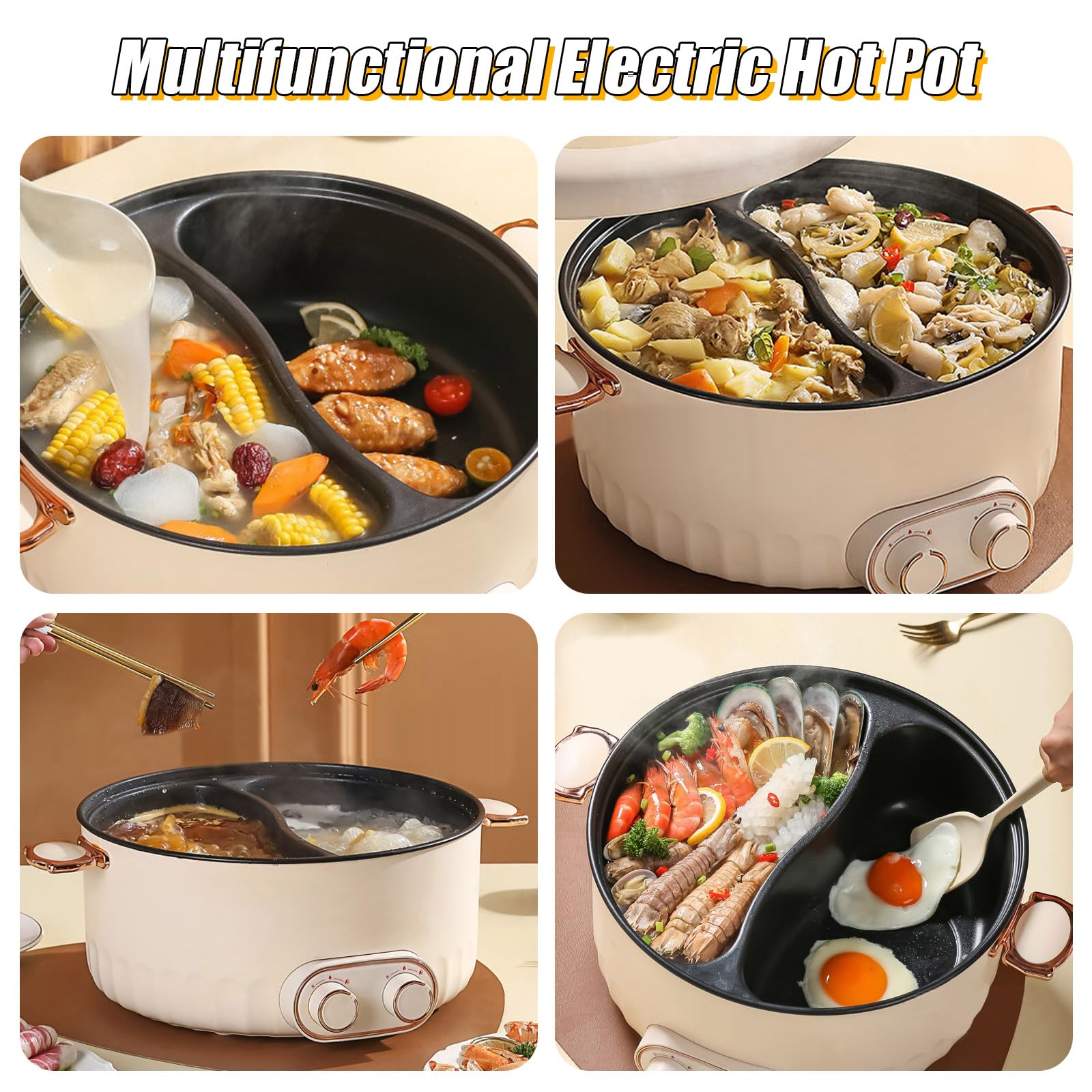 6L Hot Pot Électrique, 2000W Multifonctionnel Portable Marmite Électrique, Double Interrupteur de Commande Coupure Automatique pour Dortoir, Camping et Maison