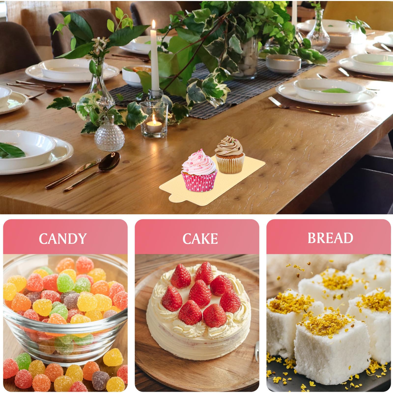 Sotto Torta in Cartone Oro 300 Pezzi Forme Rotonde, Triangolari e Rettangolari, Base per Mini Dolci e Mousse, per Pasticcerie e Cucine Domestiche