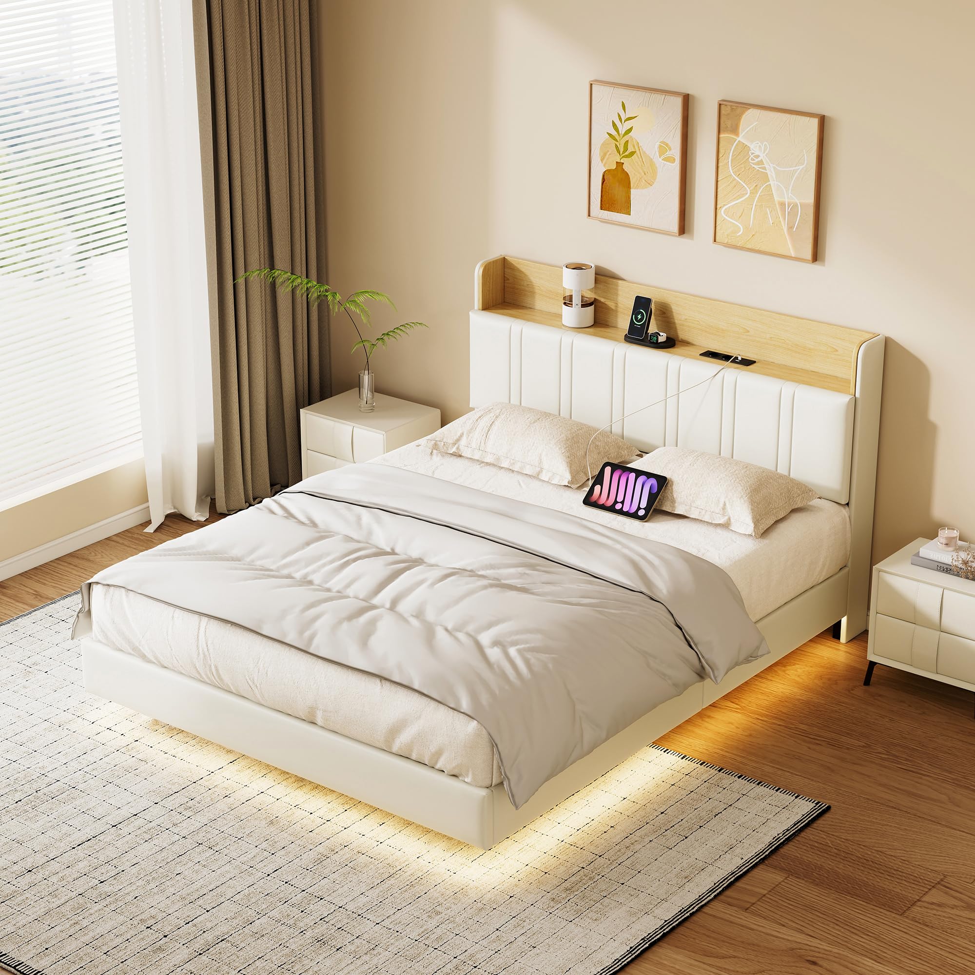 BRILVERDE Polsterbett 160x200 mit LED, Platformbett mit USB, Funktionsbett mit Kopfteil, Schwebebett mit Lattenrost, PU (Weiß Flache Eiche, 160 x 200 cm)