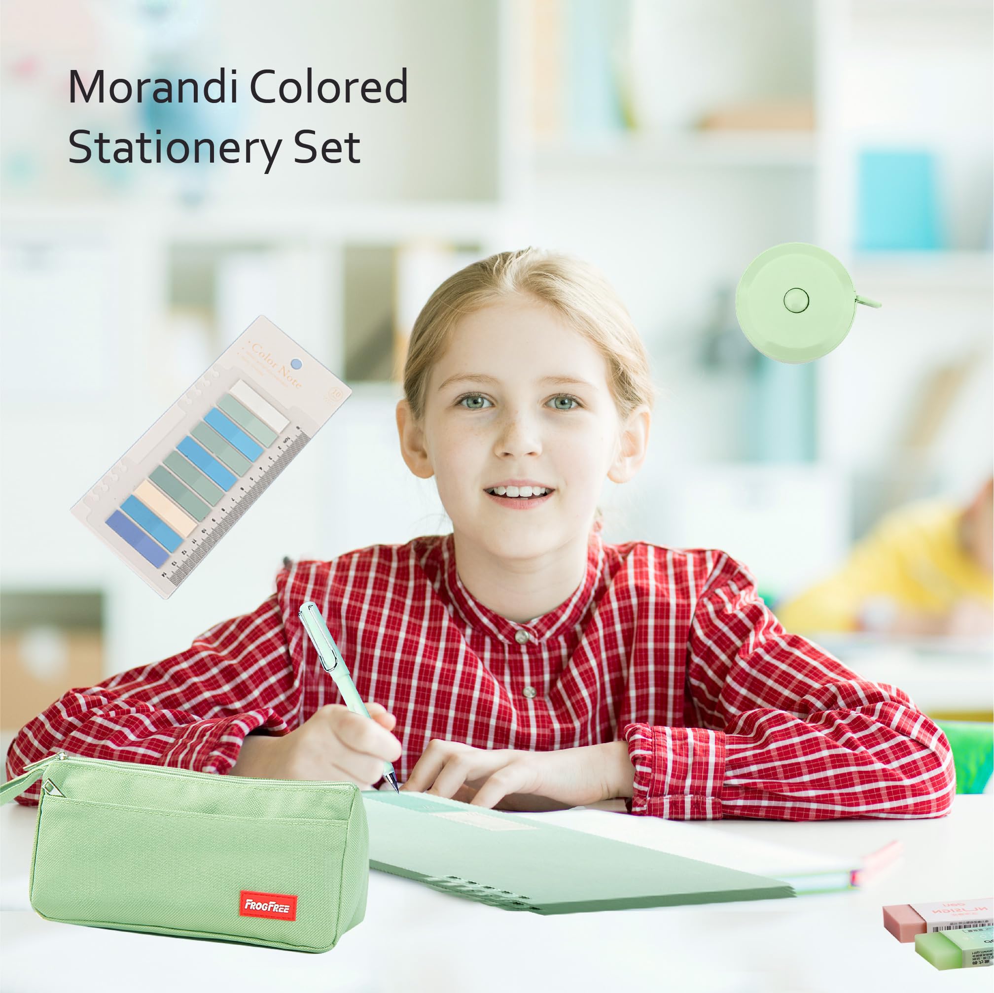 Morandi Color - Set di 45 articoli scolastici con quaderno, penne a sfera a inchiostro gel, astuccio, porta badge identificativo, penne fluorescenti, matita, gomme, clip, metro a nastro
