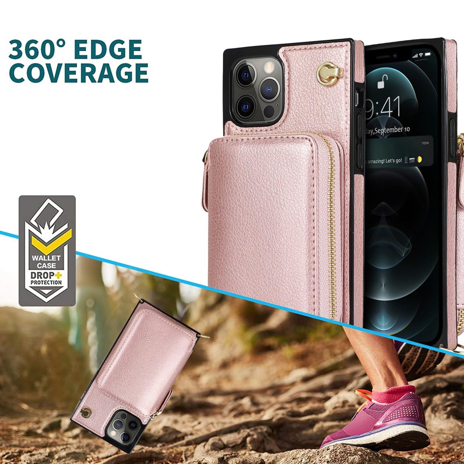 Generisch Etui do iPhone 16/16Plus/16Pro / 16Pro Max, etui z klapką na karty, odporne na upadki, regulowany pasek na ramię, etui ochronne (czarne, 16)