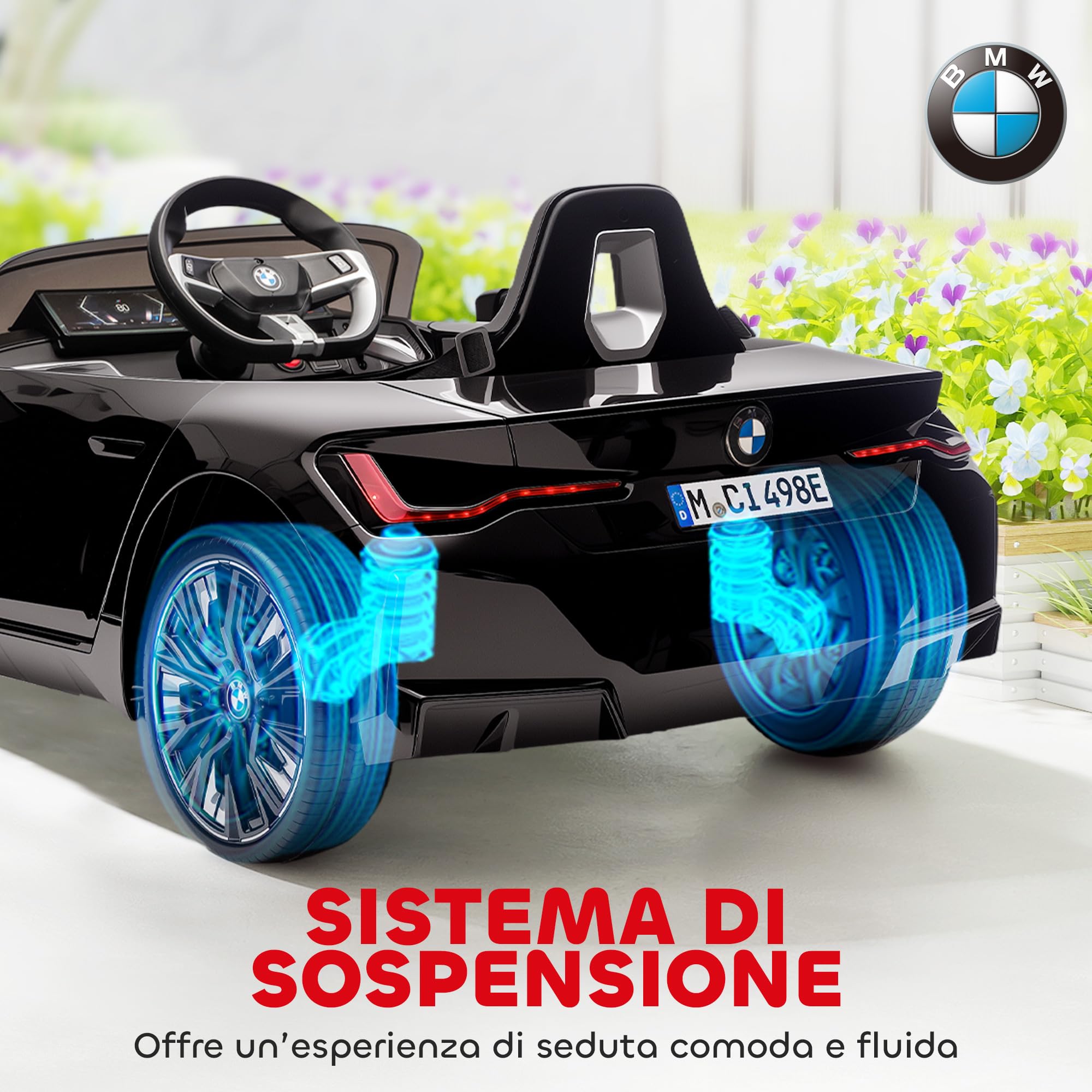 HOMCOM Macchina Elettrica per Bambini 3-6 Anni BMW I4 12V, Nero | Telecomando, Clacson e Fari, Macchinina Giocattolo, PP e Metallo, 115x67x45 cm