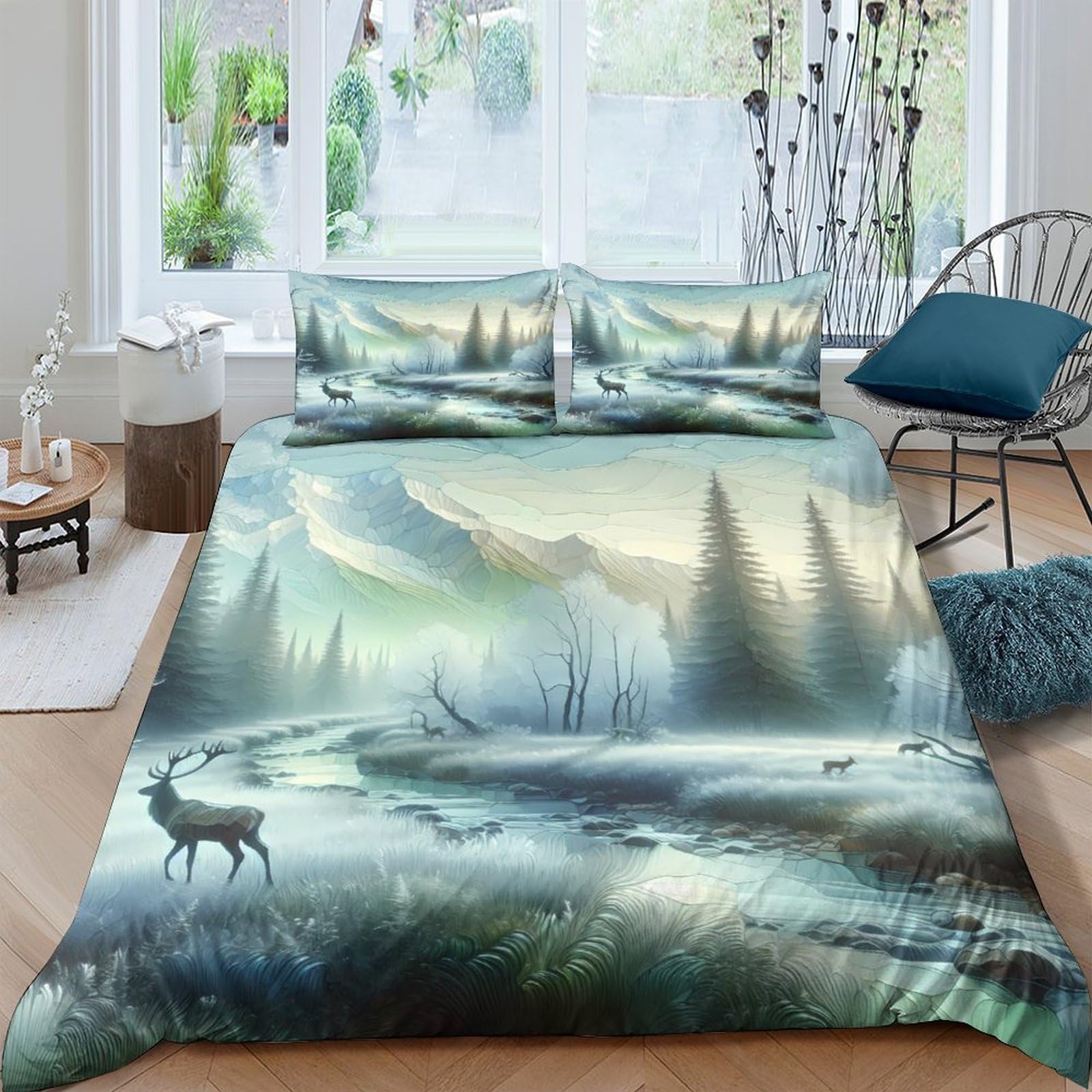 Ctjqhvkz Style-3 3D Printed Forest Landscape Fitted Sheet Microfiber Soft Deer River Bed Cover For Bedroom Guestroom Dorm Mattress Protection Decor Single（135X200cm）