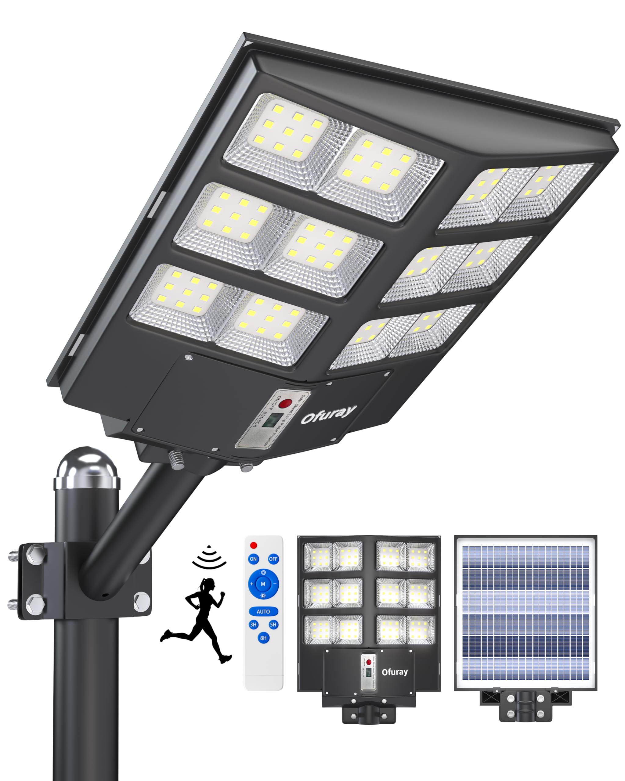 Ofuray Of-2000W Lampadaire Solaire Extérieur, 6500K Projecteur Solaire avec Detecteur de Mouvement, IP67 Étanche Lampe Solaire Exterieur Puissante avec Télécommande pour Rue, Cour, Garage