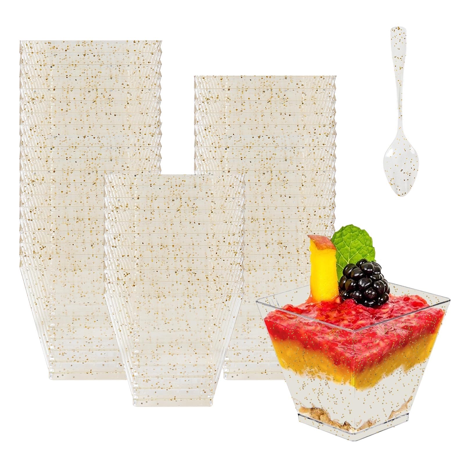 50 Verres à Dessert + 50 Cuillères - Transparents - Pour Mousse, Glace, Pudding - Fêtes & Anniversaires