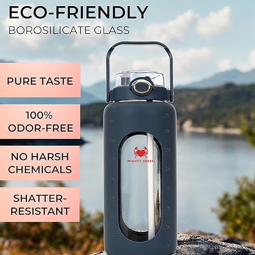 Miniatura 2 de Botella de agua de vidrio de 64 onzas, azul oscuro, jarra grande de vidrio de borosilicato con popote y marcador de tiempo, a prueba de fugas,