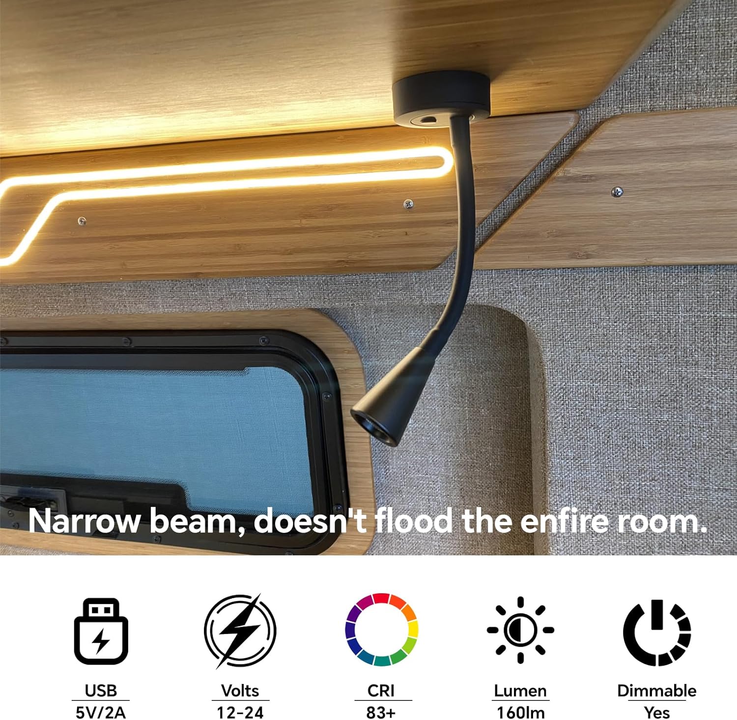 Acegoo 12V LED Reading Light RV Dimmable Reading Lamp with USB Charger 12 Volt Flexible Neck Light for Boat Camper Van Trailer Interior Lighting, Hard-Wired Surface Mount, 2-Pack