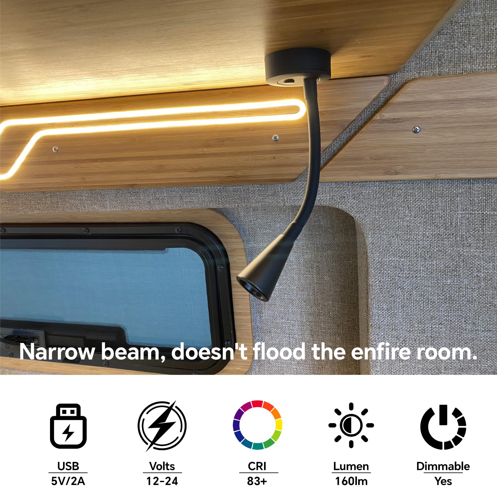 acegoo 2 x Lámpara de Lectura LED 12V Autocaravana Regulable Lámpara de Cama Cuello de Cisne Flexible 3200K DC 24V avec USB para Caravana Barco Camión Furgoneta Remolque Interior Montaje en Superficie